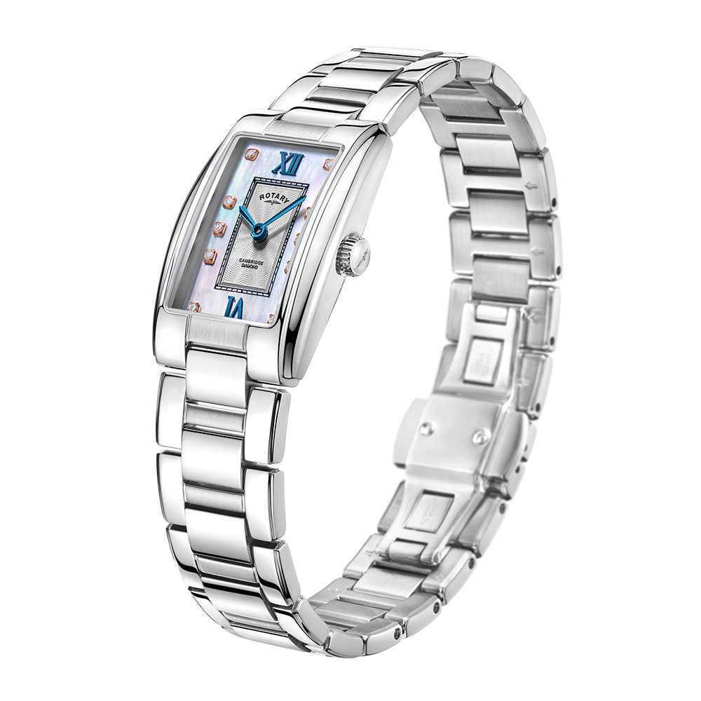 Rotary ladies rectangular watch in stainless steel with a mother of pearl dial and diamond indexes