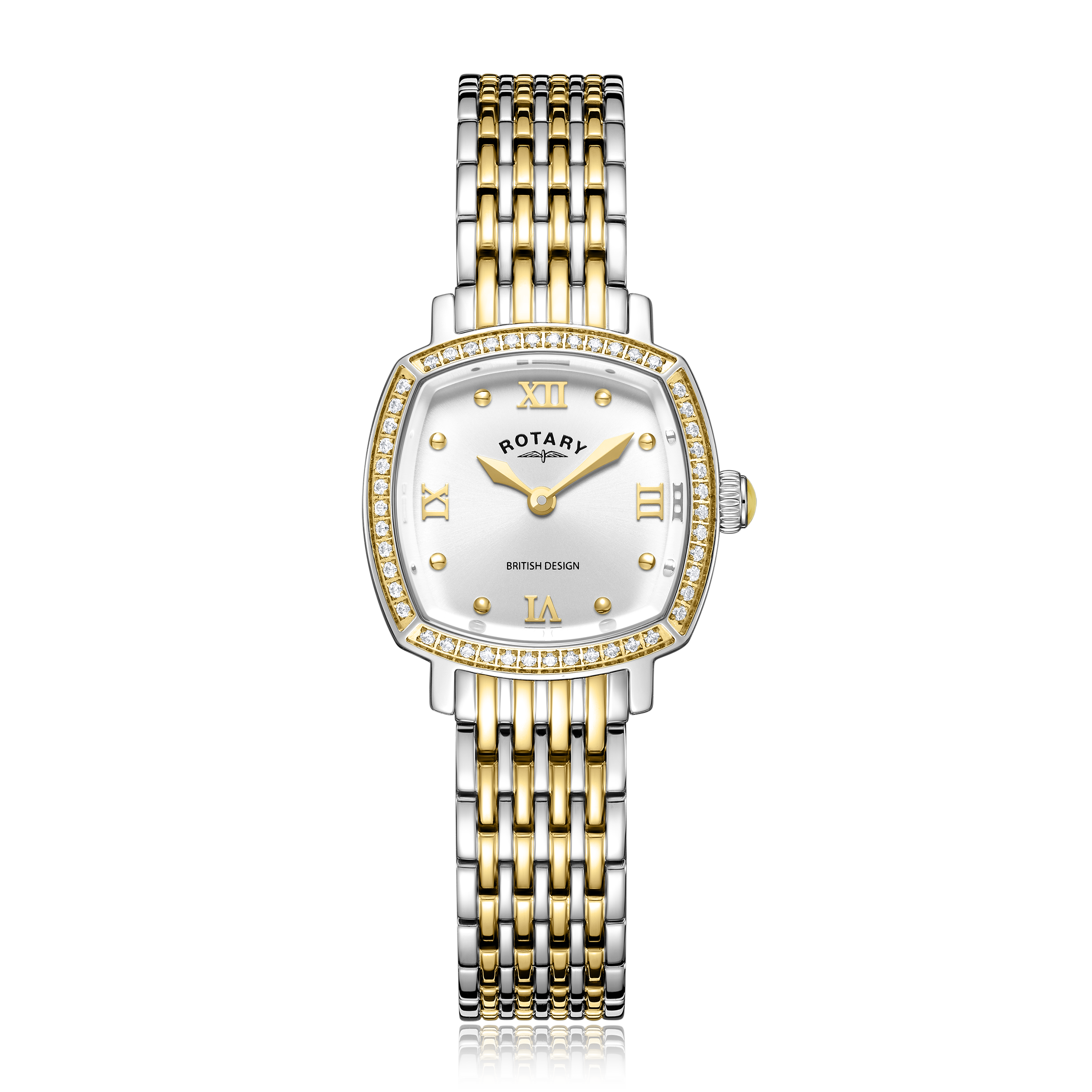 Rotary ladies watch in two tone gold and stainless steel with a 7 link bracelet. The watch has a gem set bezel and a silver mother of pearl dial