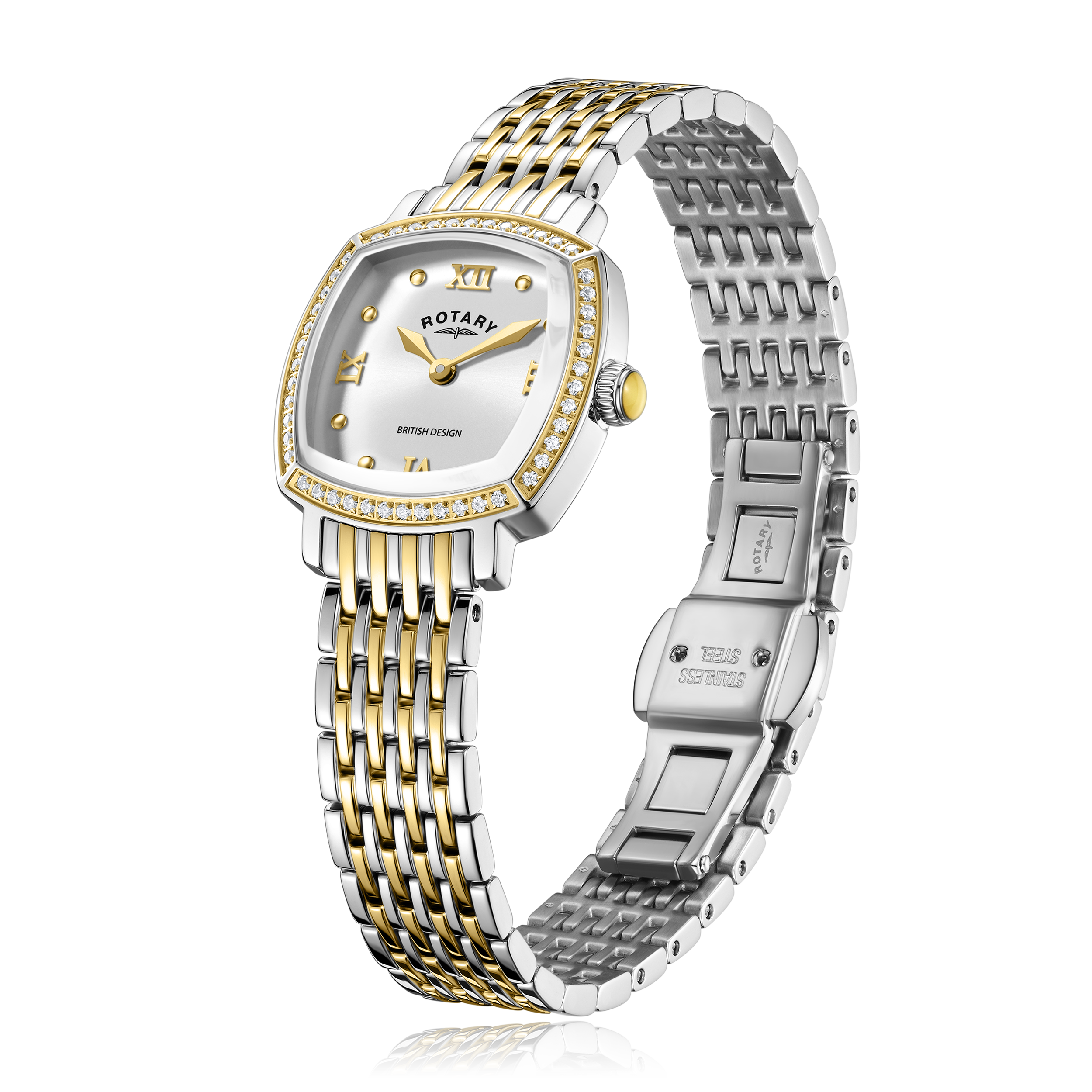 Rotary ladies watch in two tone gold and stainless steel with a 7 link bracelet. The watch has a gem set bezel and a silver mother of pearl dial