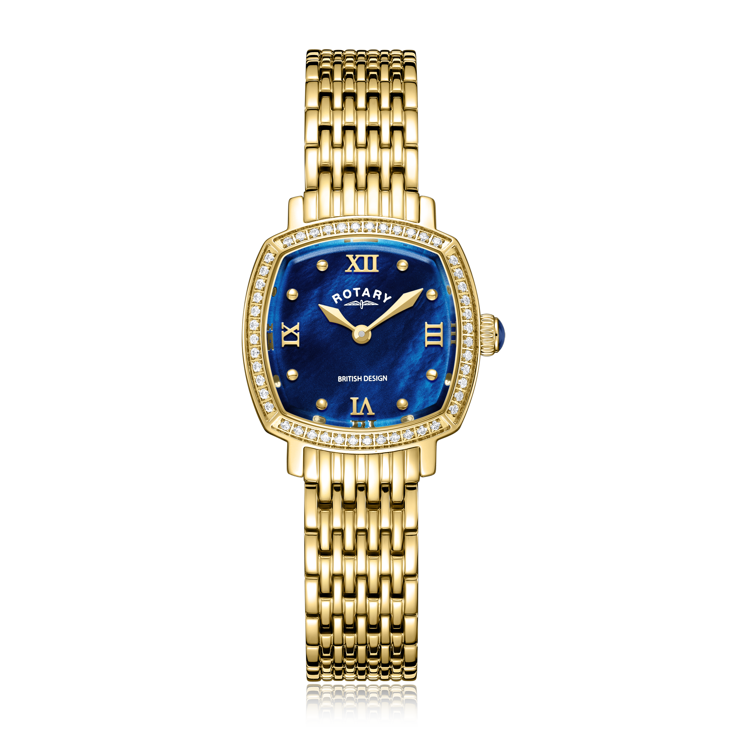 Rotary ladies watch in gold with a 7 link gold bracelet. The watch has a gem set bezel and a blue mother of pearl dial