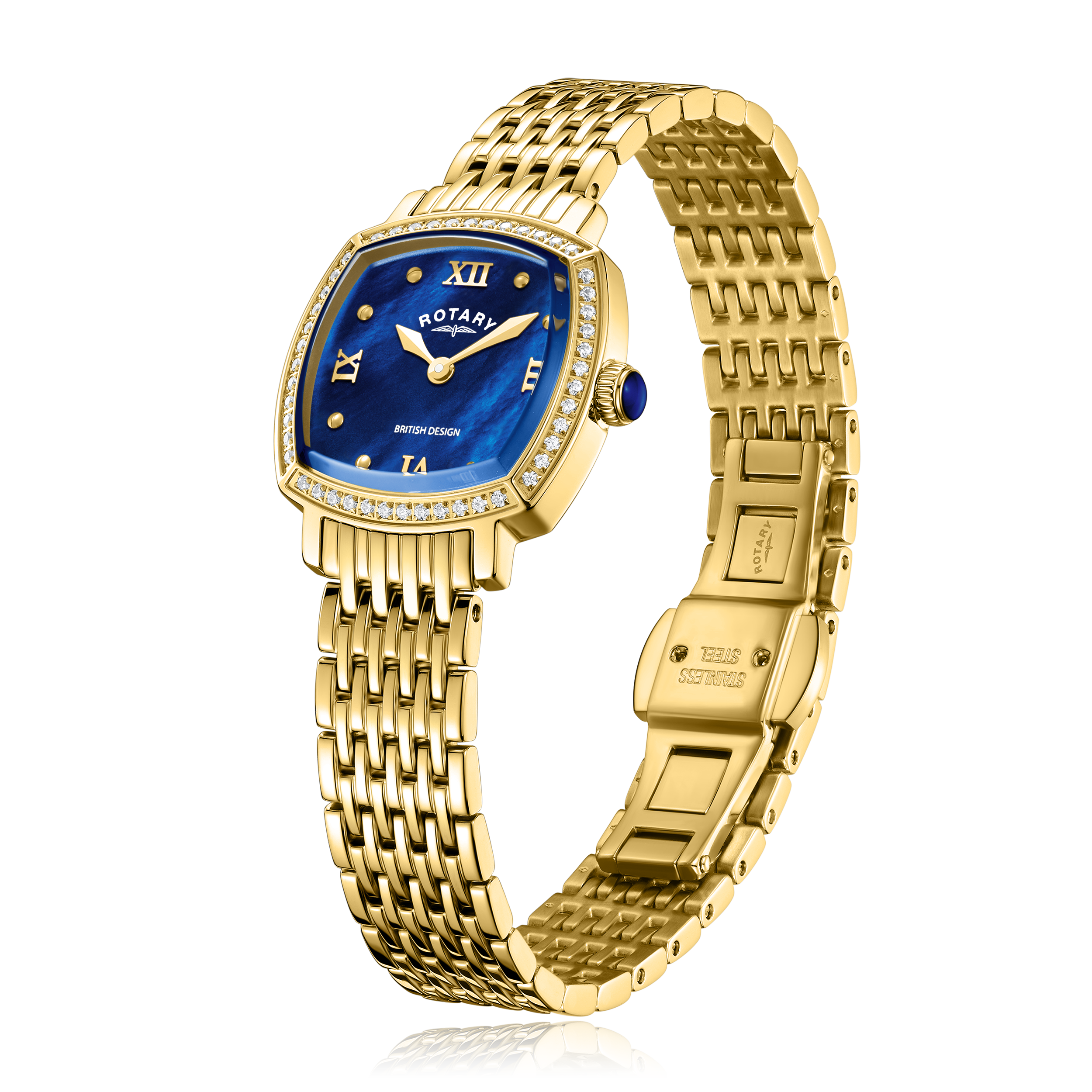 Rotary ladies watch in gold with a 7 link gold bracelet. The watch has a gem set bezel and a blue mother of pearl dial