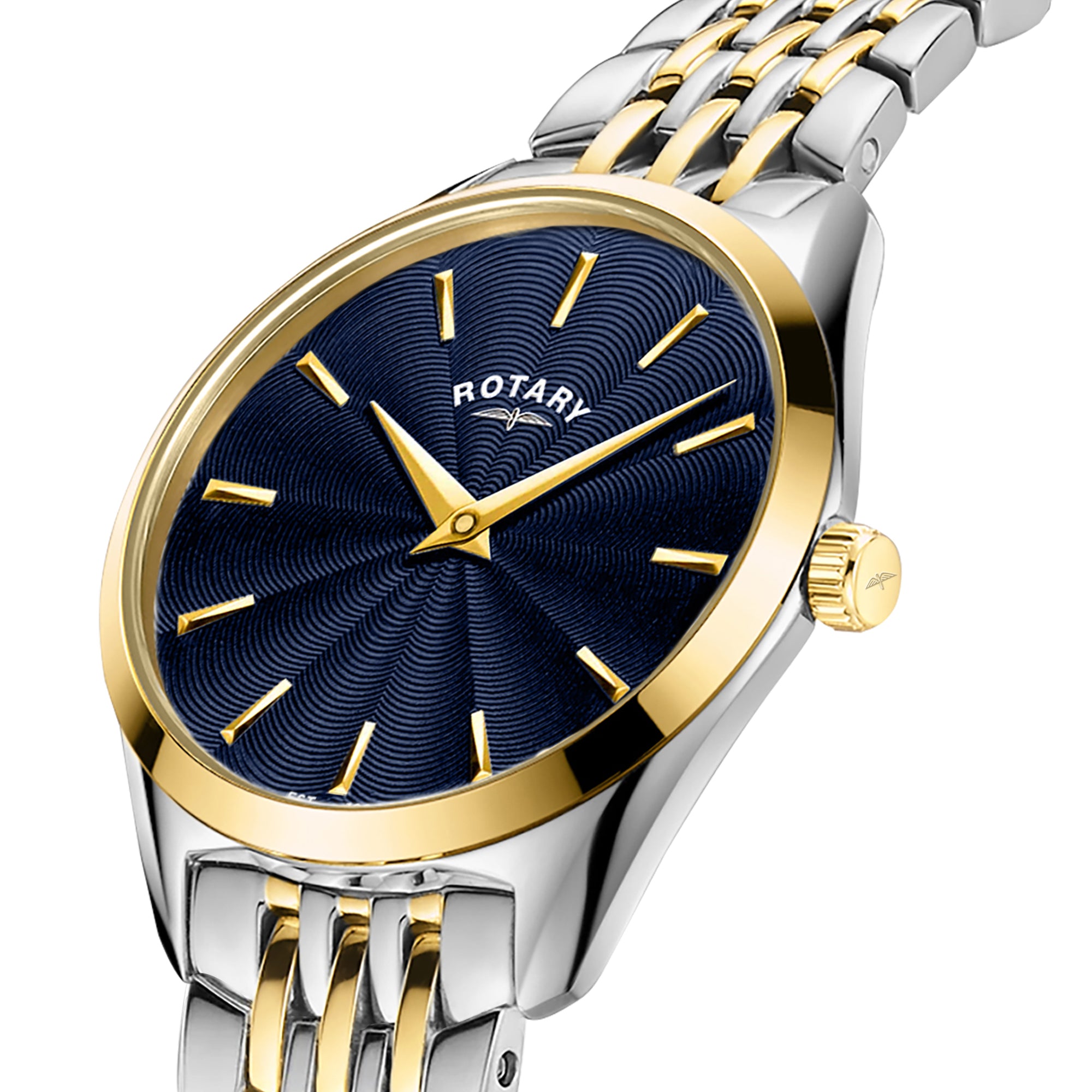 Rotary watch with blue face, gold accents, and silver and gold metal band on a white background