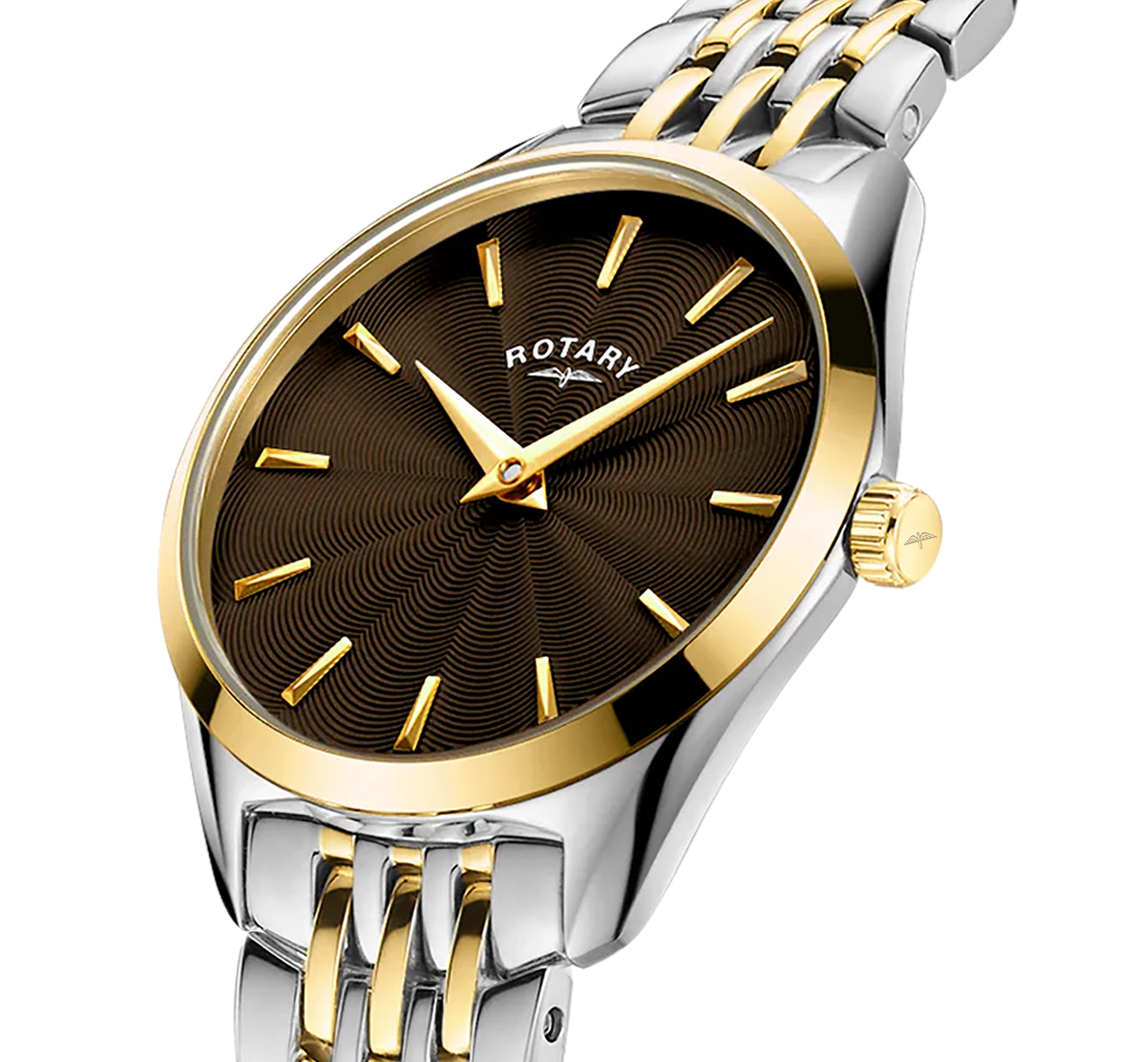 Rotary watch with gold and silver band on a white background