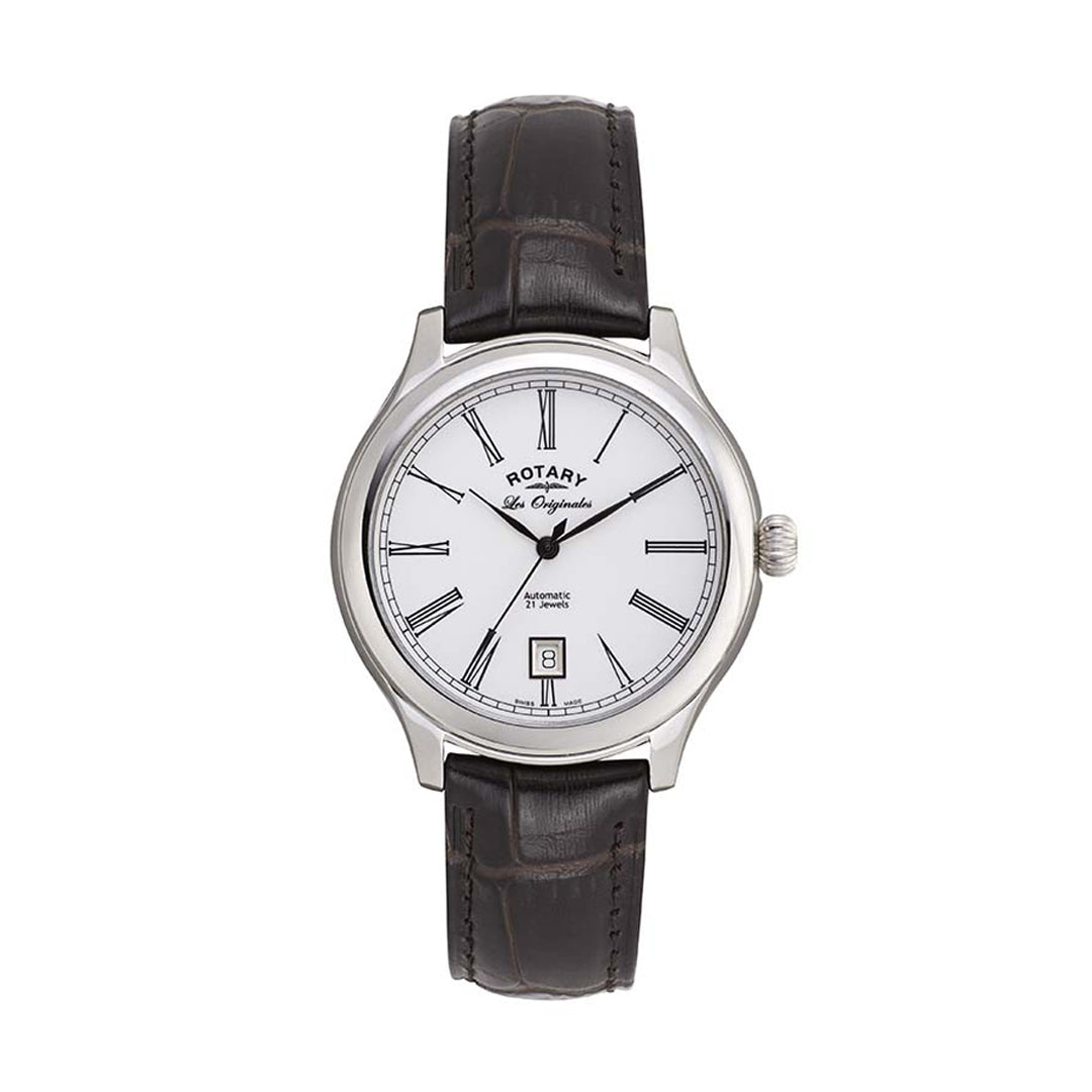 Rotary mans watch with a stainless steel case and a leather black strap. The watch has a white dial with black hands and a date window