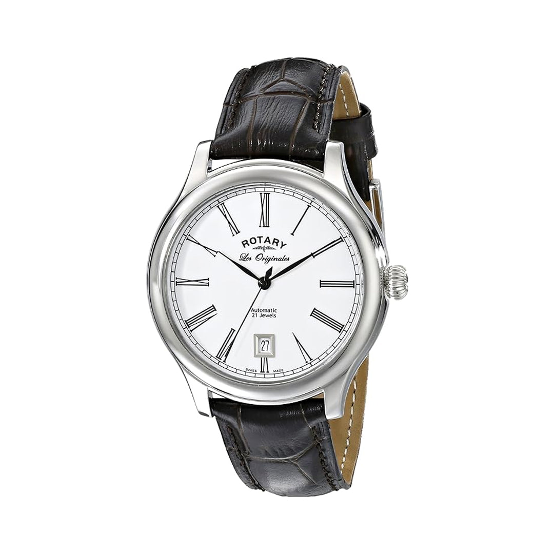 Rotary mans watch with a stainless steel case and a leather black strap. The watch has a white dial with black hands and a date window