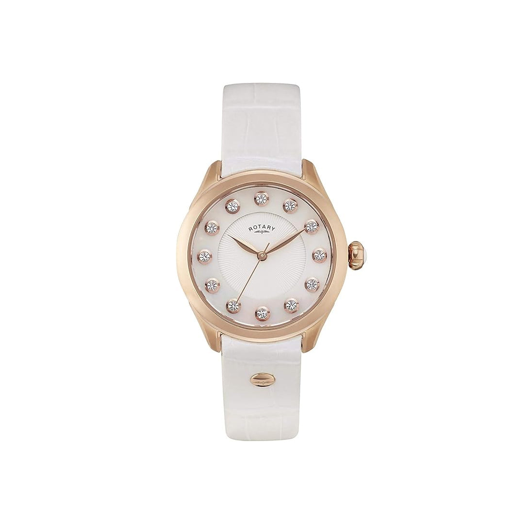 ladies rotary watch with gold case, cream coloured dial and white leather strap