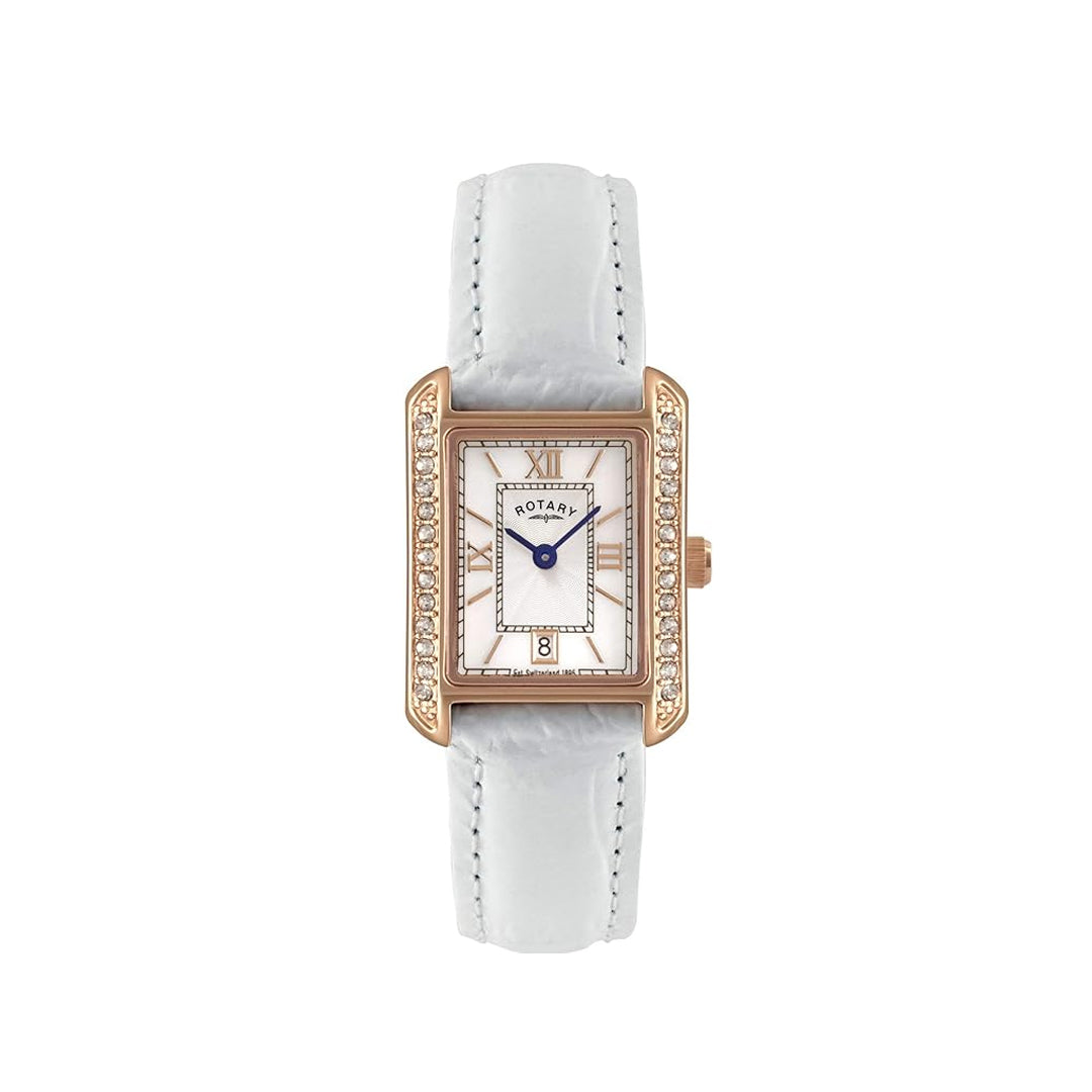 rotary ladies watch with a gold coloured case, gem set bezel, white dial and white leather strap