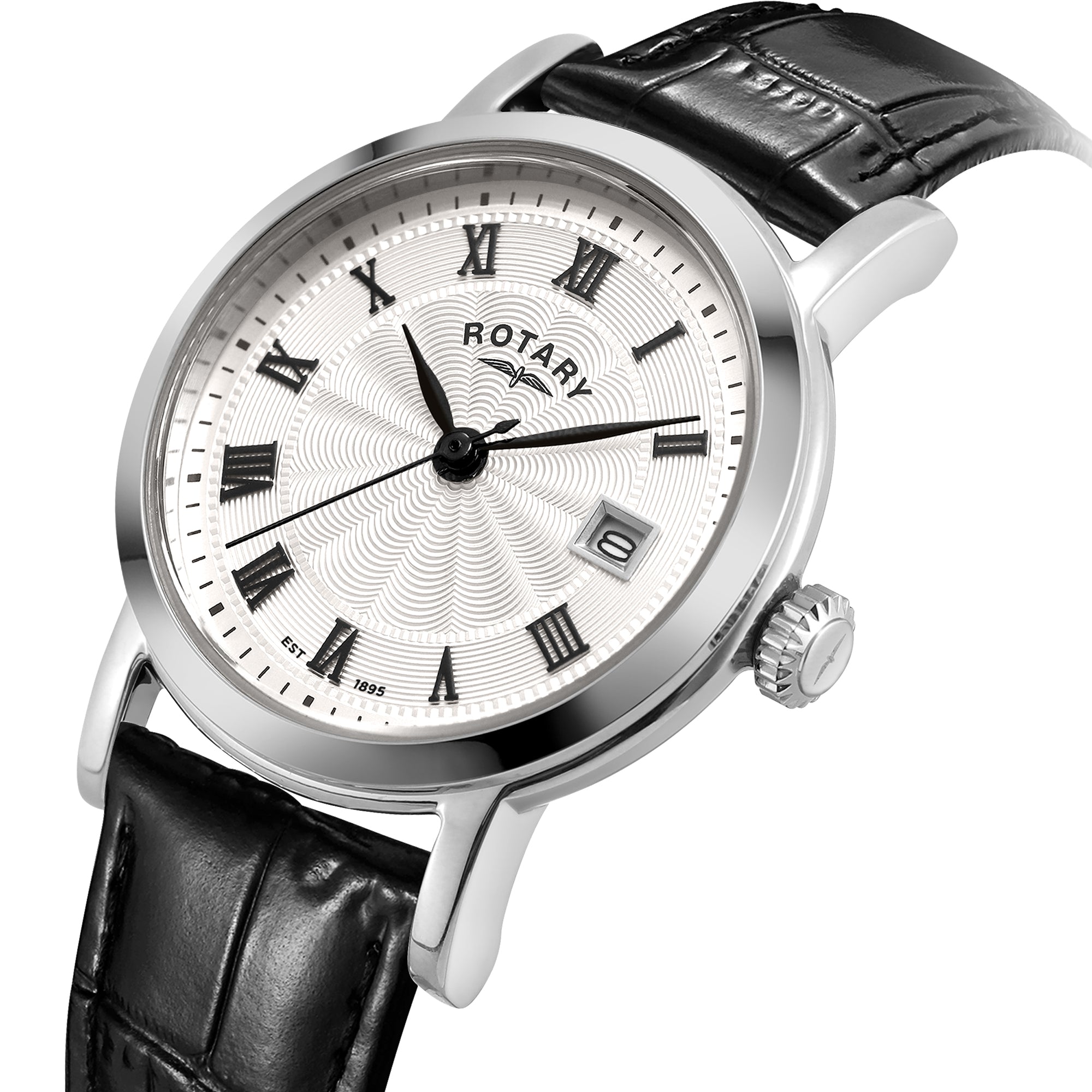 Rotary watch with black leather strap and white dial on a white background