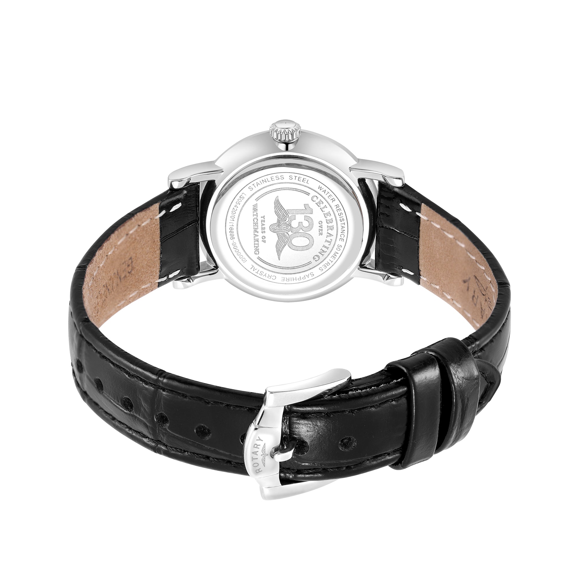 Rotary Watch with black leather strap and silver case on a white background