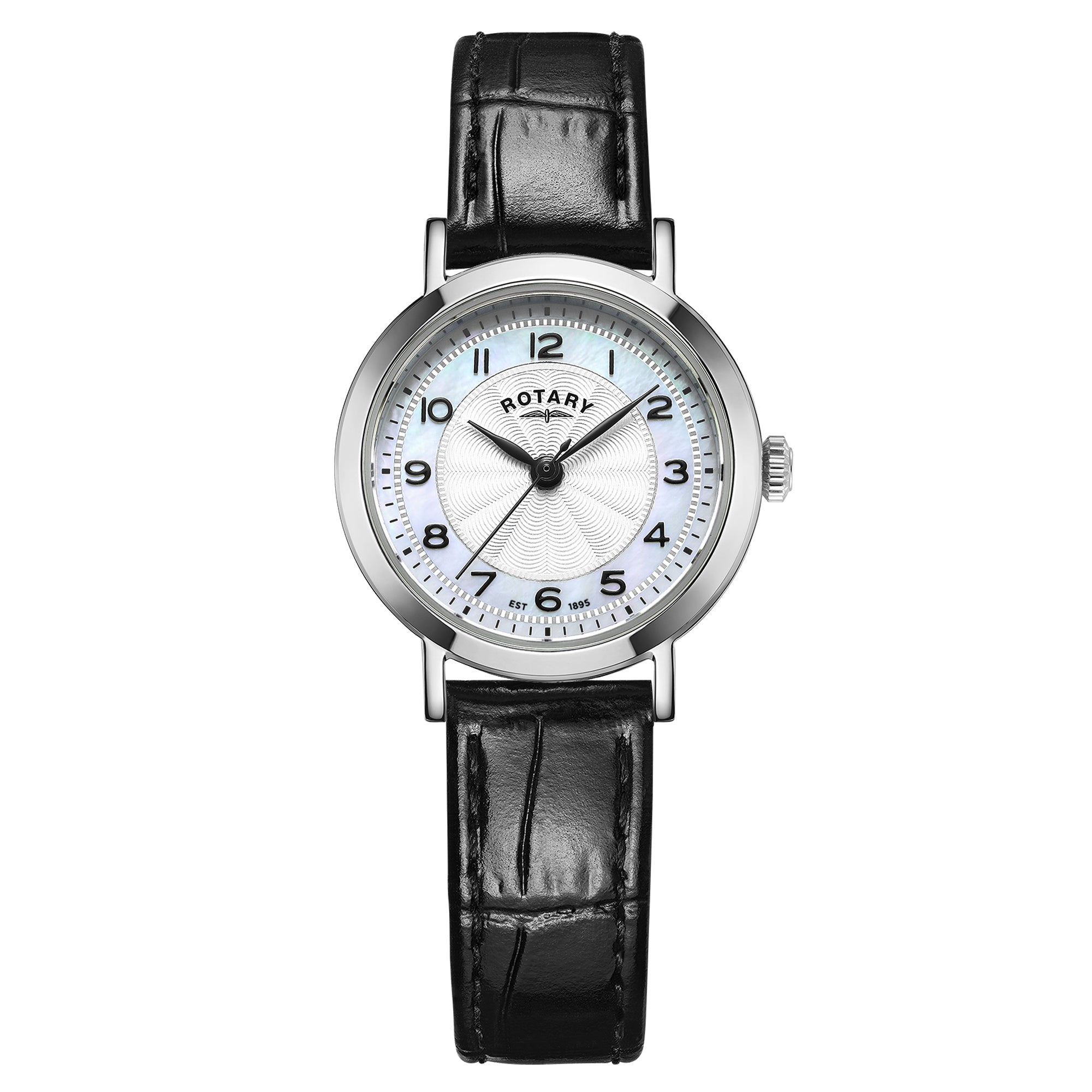 Rotary watch with black leather strap and white dial on a white background