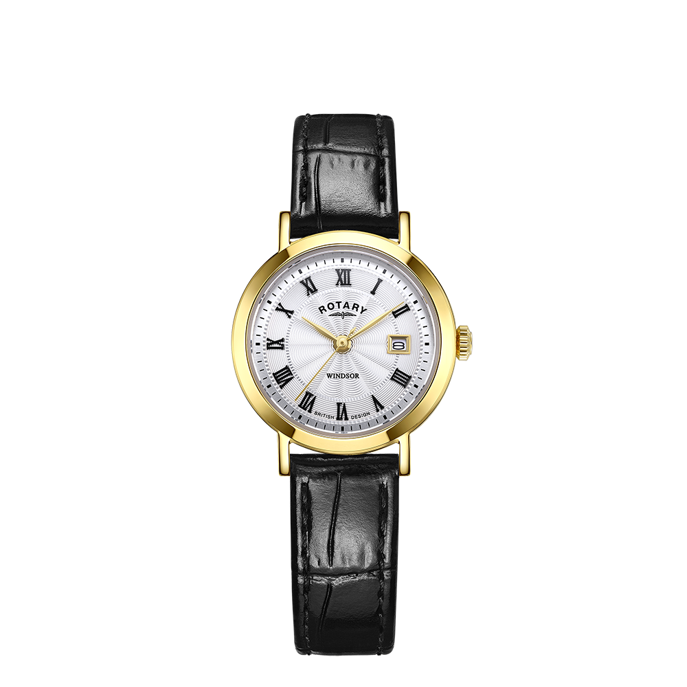 Rotary ladies gold watch with black leather strap and white guilloche dial