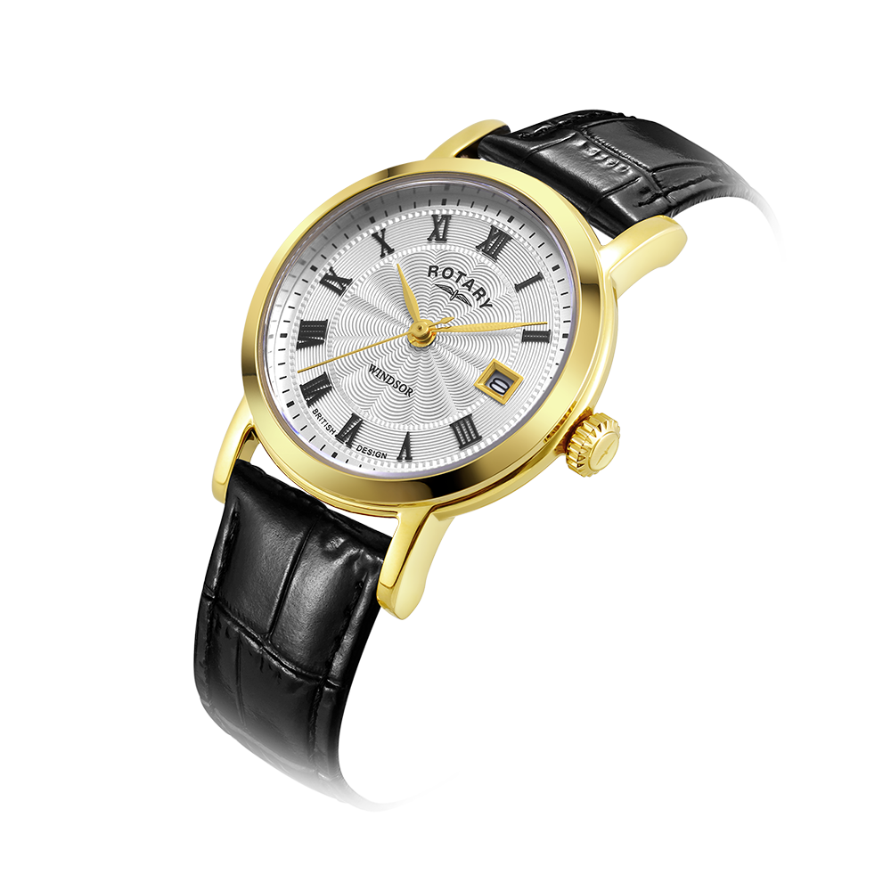 Rotary ladies gold watch with black leather strap and white guilloche dial