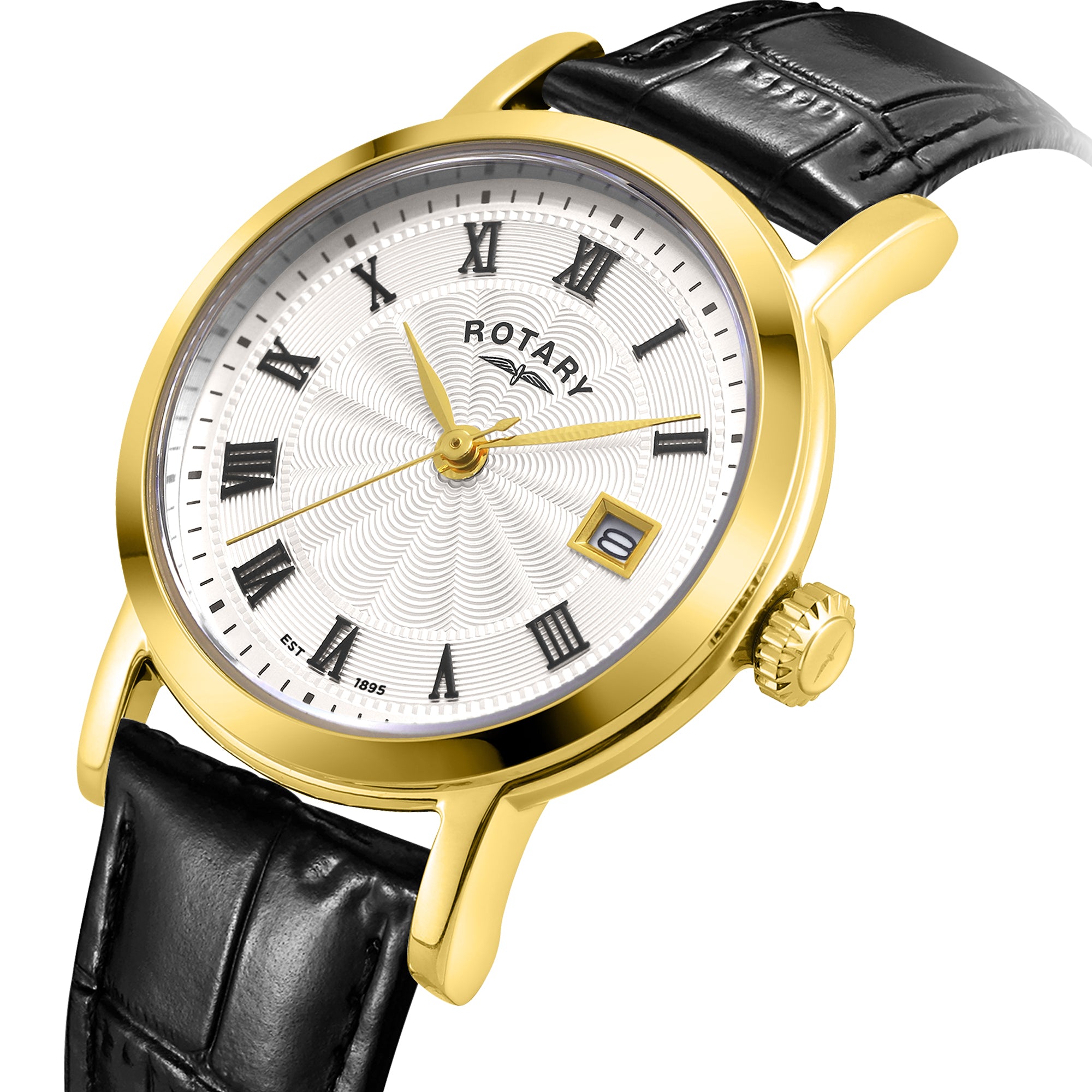 Rotary watch with gold case and black leather strap on a white background
