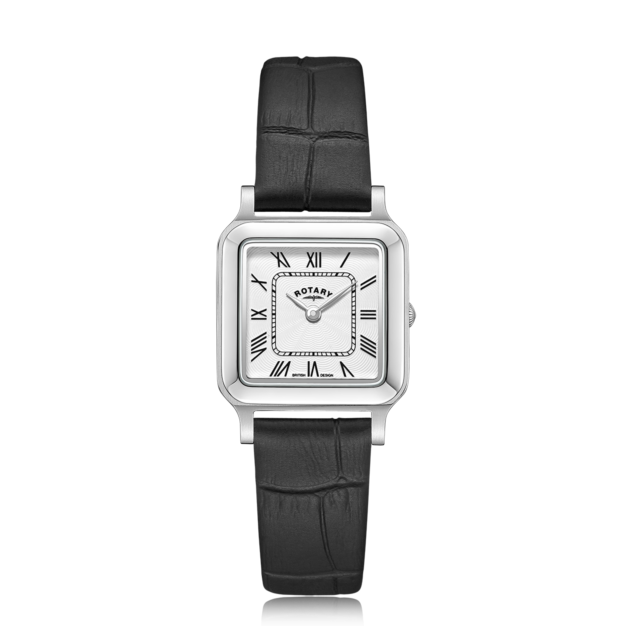 Ladies rotary watch with a stainless steel case and black leather strap. The watch dial is white and features a guilloche pattern with two black hands in a classical style, completed with black roman numerals