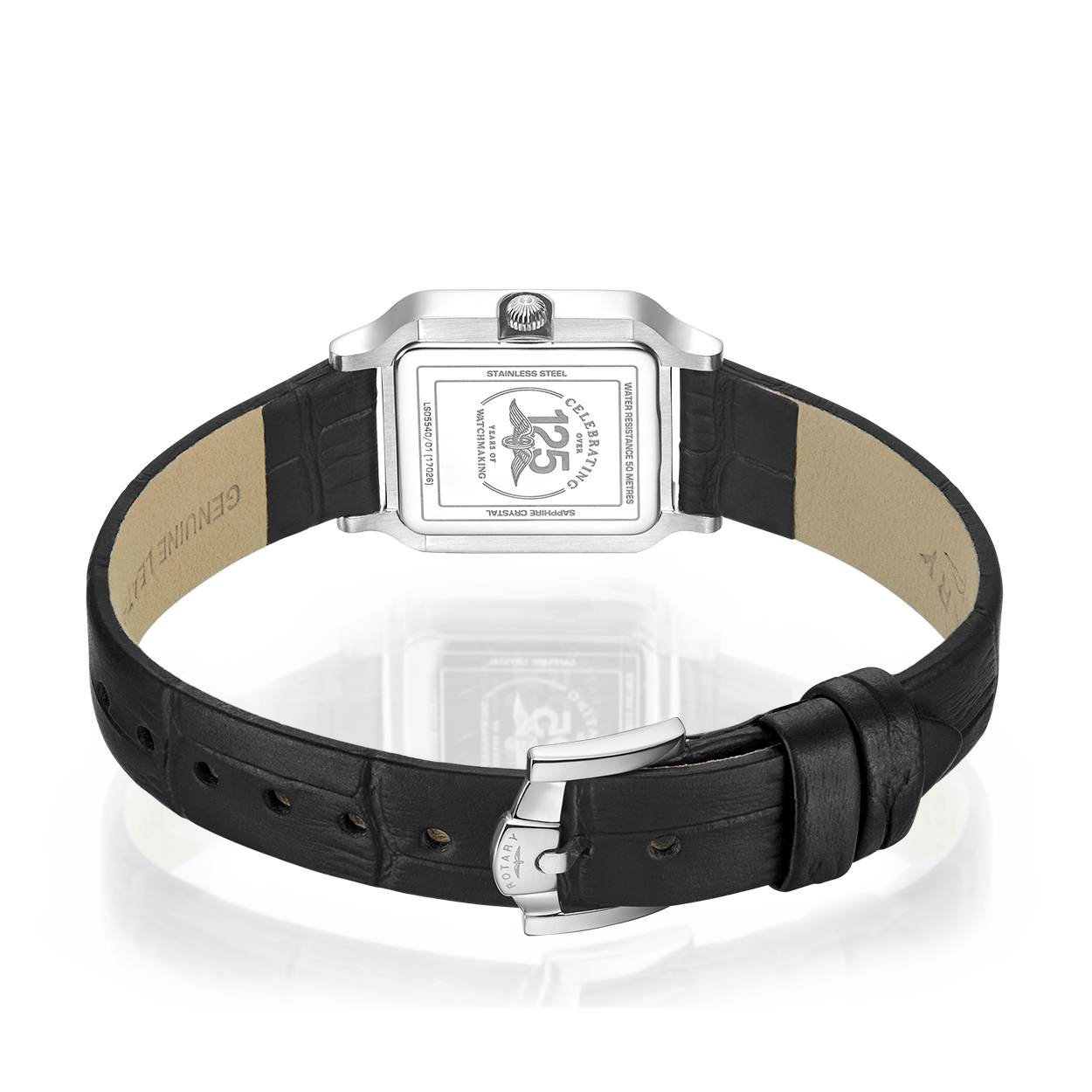 Ladies rotary watch with a stainless steel case and black leather strap.