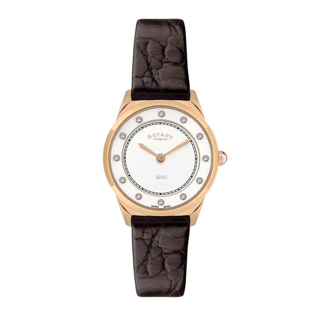 Rotary ladies watch in gold with a brown leather strap and which dial with diamond indexes