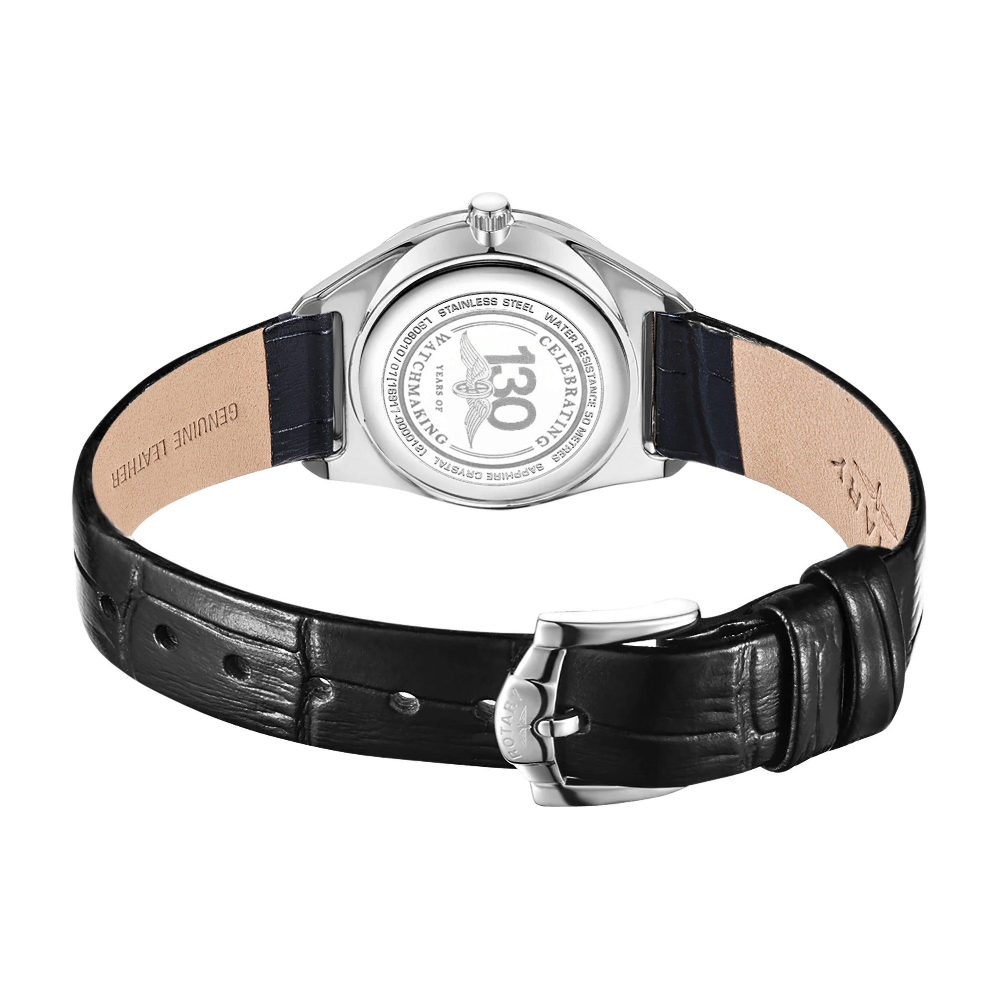 Rotary watch with black leather strap and silver case on a white background