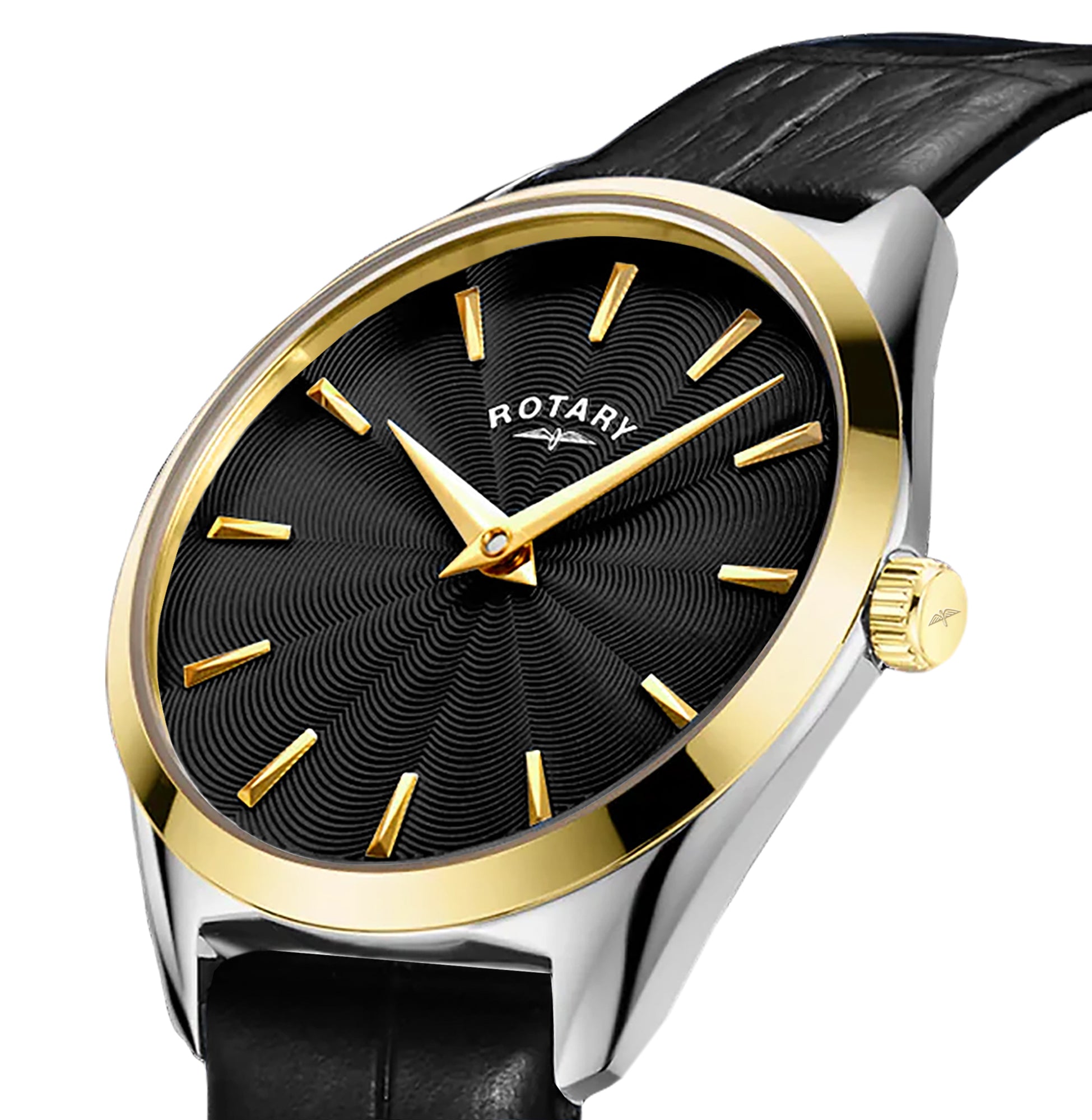 Rotary Ultra Slim watch with a black dial, gold accents, and black leather strap on a white background