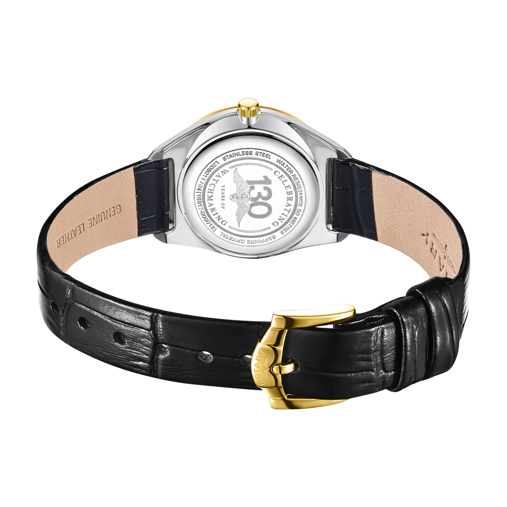 Rotary Ultra Slim Watch with black leather strap and gold buckle on a white background