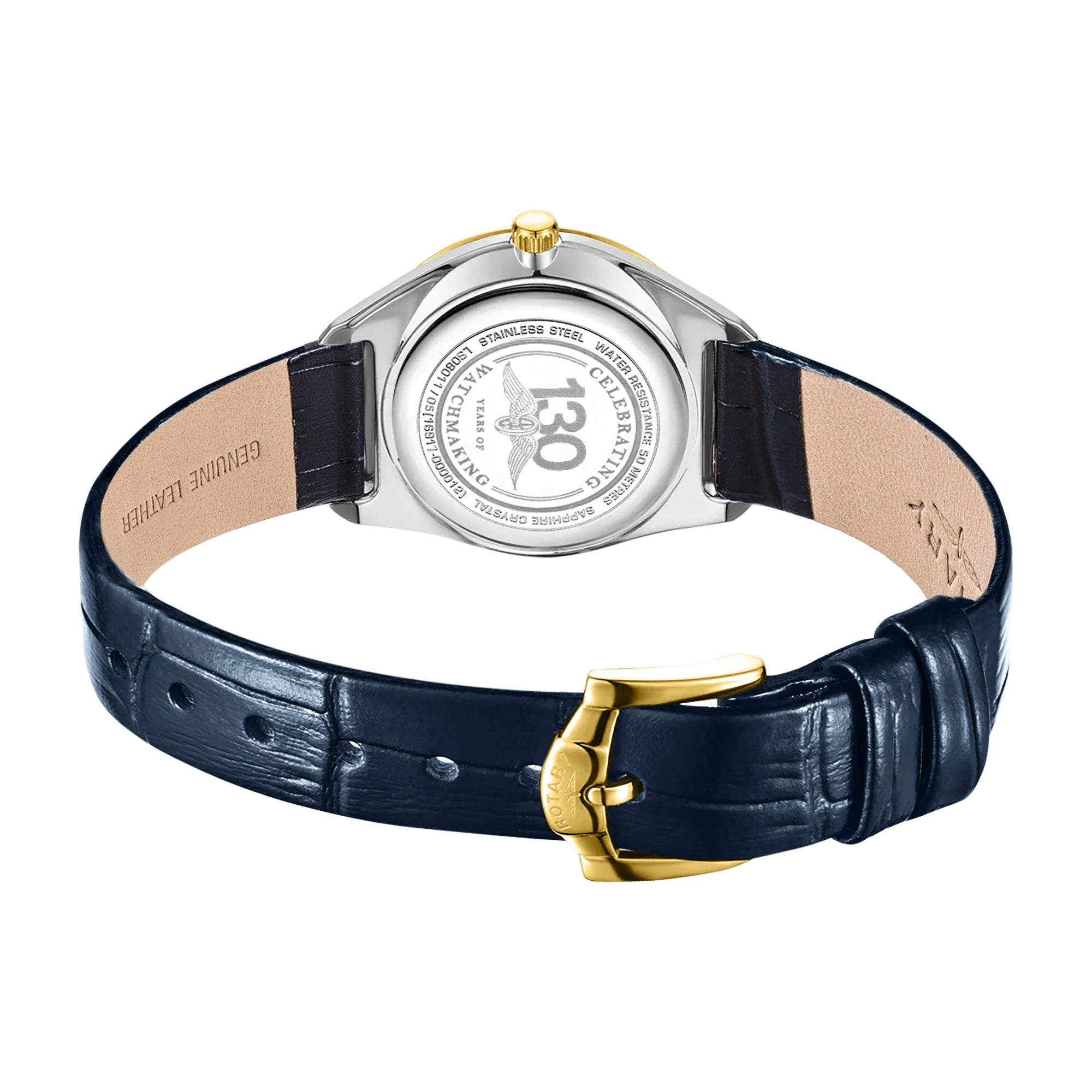 Rotary Ultra Slim Watch with blue leather strap and gold buckle on a white background