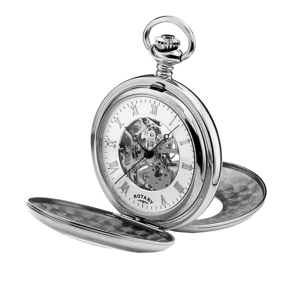 Rotary pocket watch in nickel finish with a white dial and skeletonised centre, allowing the movement to be on show