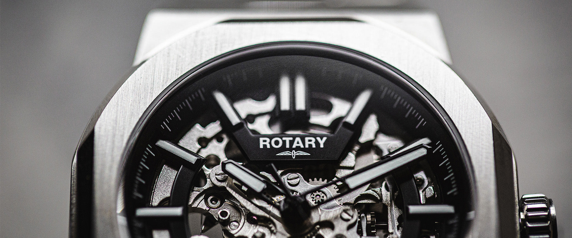 Rotary Skeleton Watch with a stainless steel case and black minute track