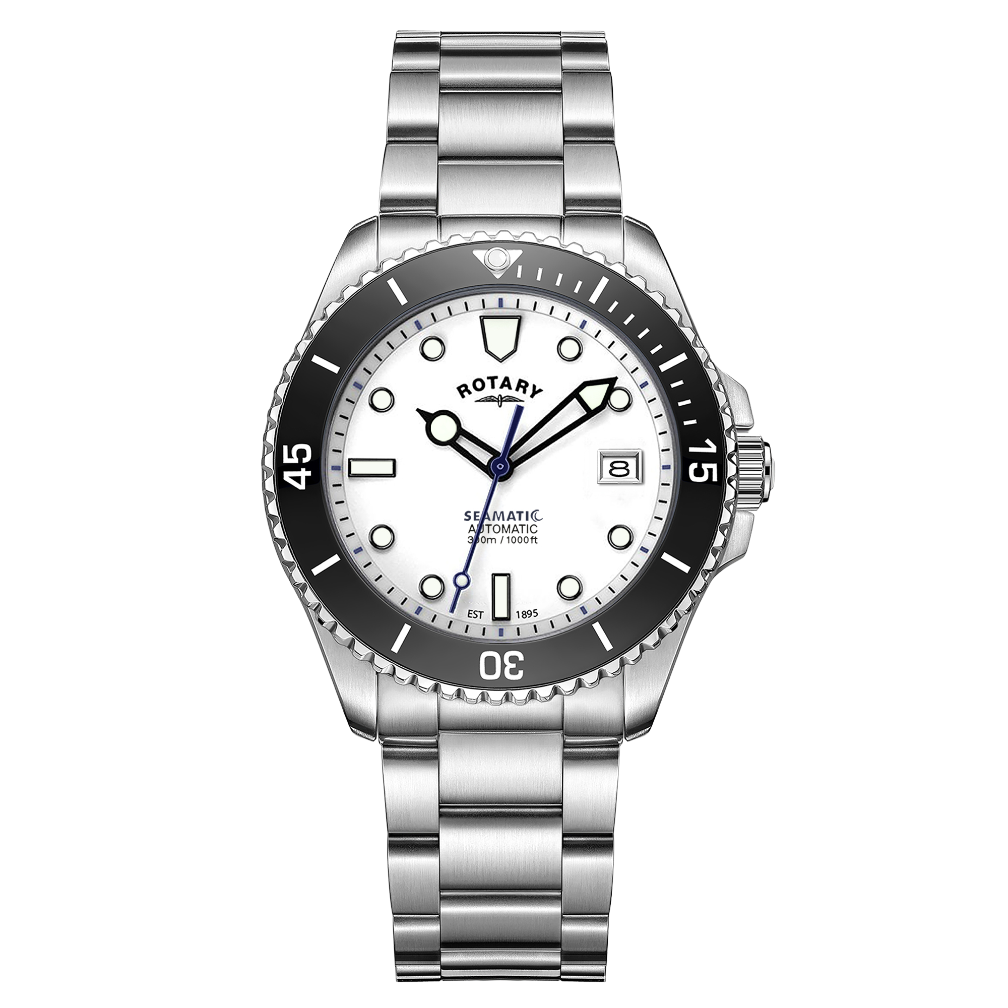 Silver Rotary Seamatic wristwatch with a white face on a white background
