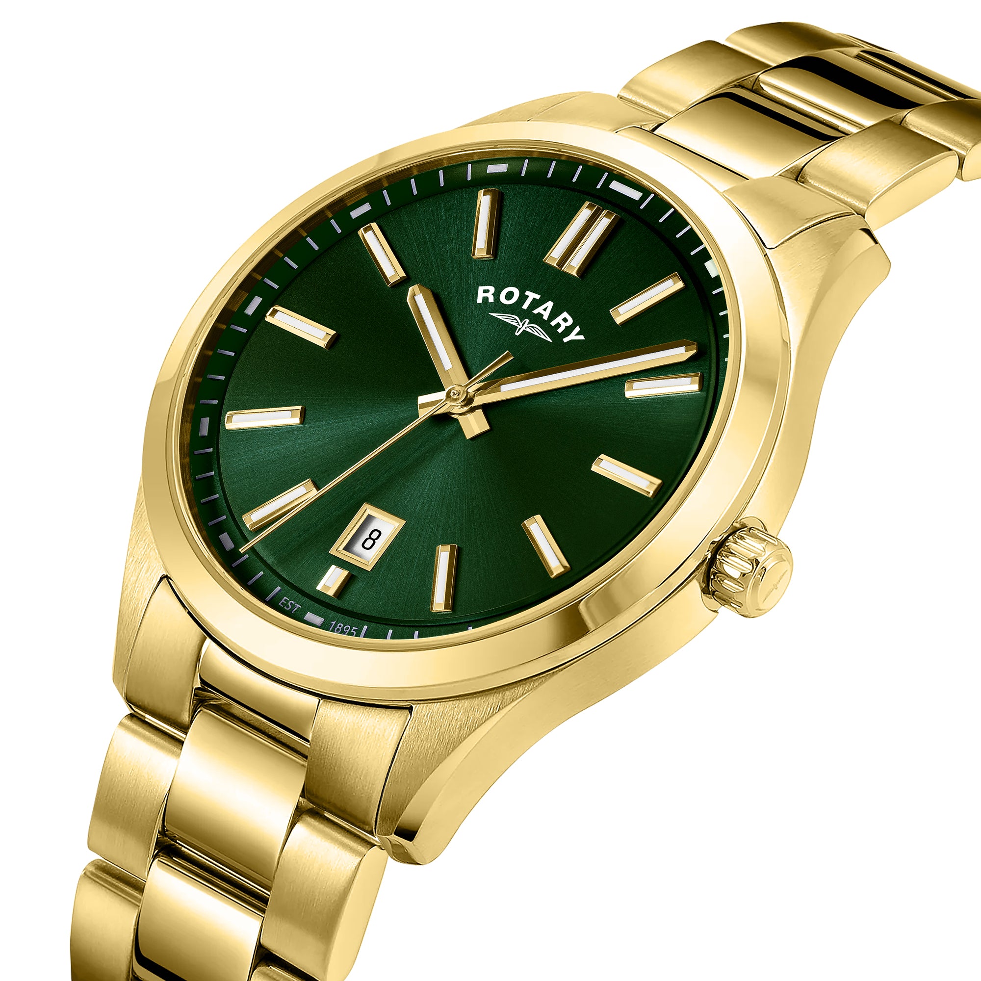 Gold Rotary wristwatch with green dial on a white background