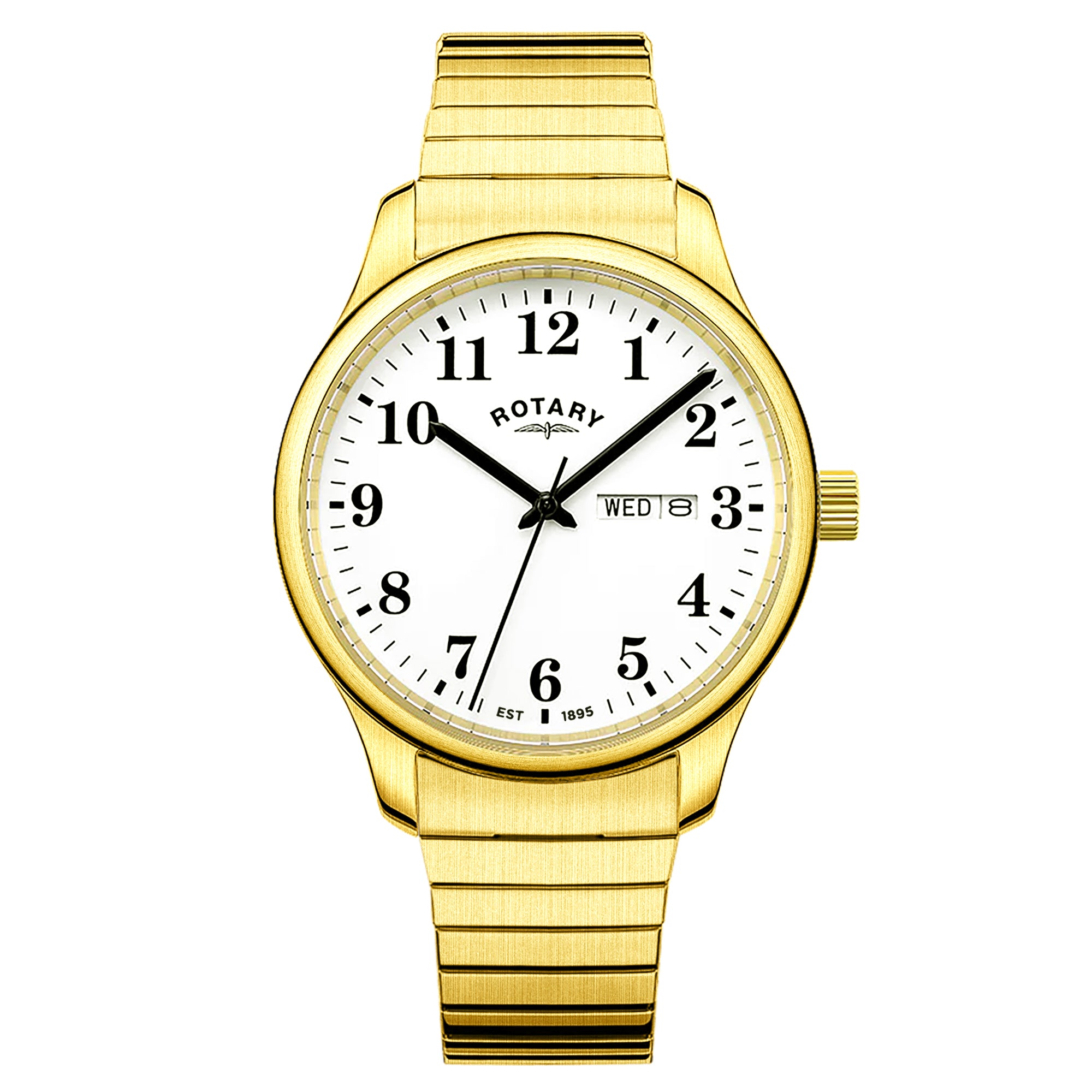 Gold Rotary expander wristwatch with a white dial on a white background