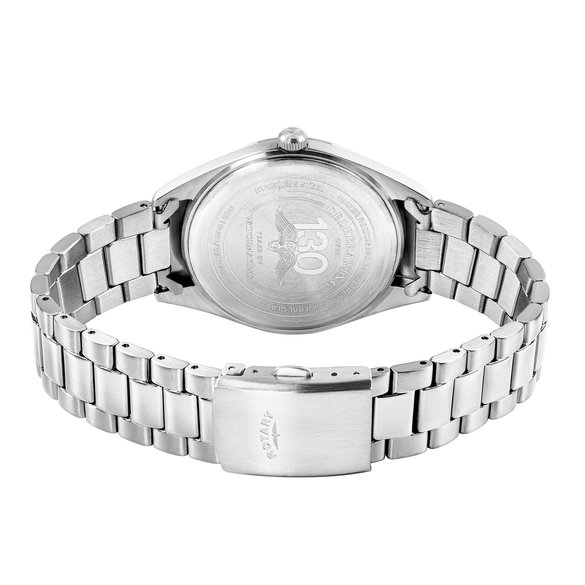 Silver Rotary watch with a stainless steel bracelet on a white background