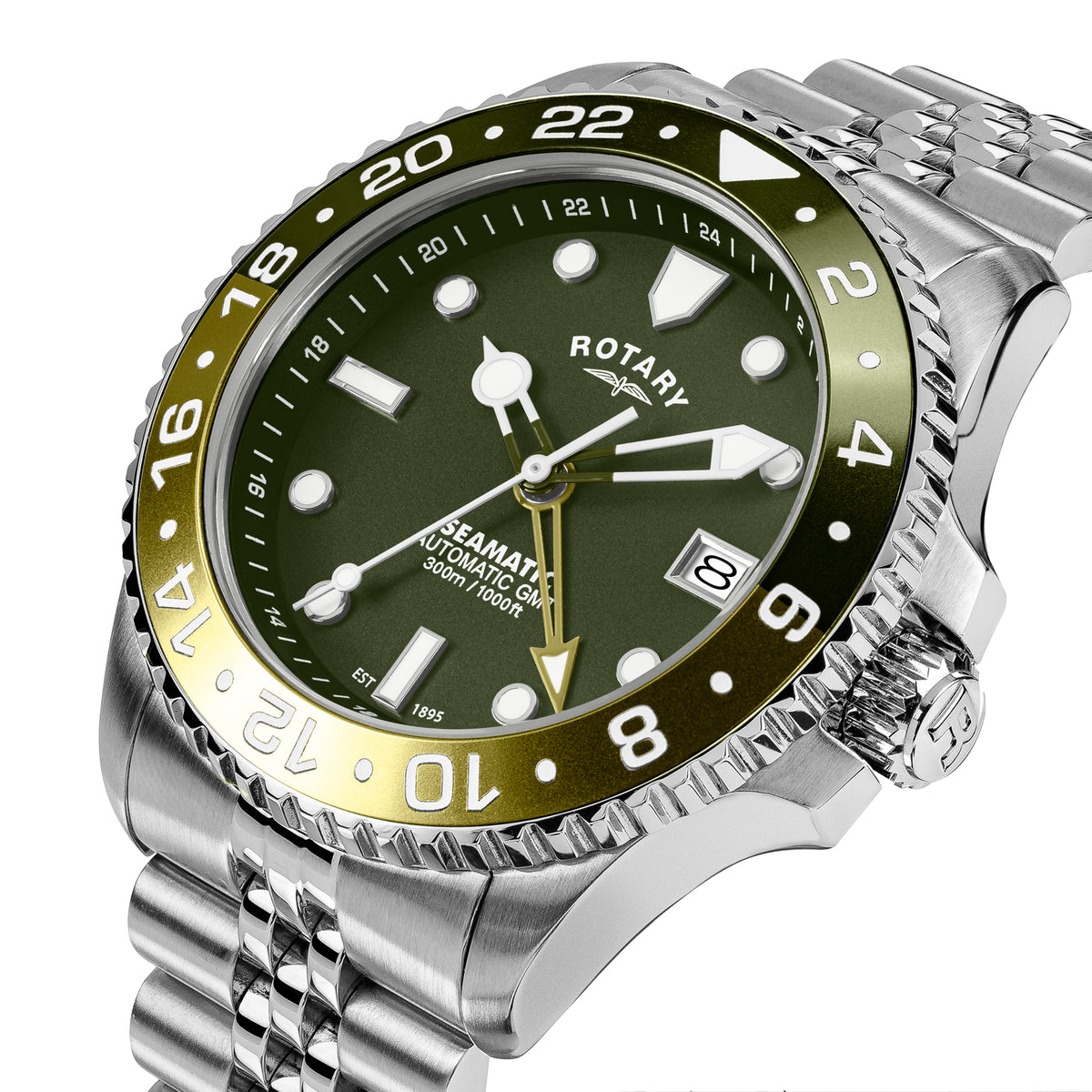 A close-up shot of a Rotary Seamatic Automatic stainless steel watch with a green dial, olive green bezel, and a split tone green 24-hour ring around the outer bezel. The watch features a silver stainless steel case and a matching silver metal link bracelet, set against a plain white background.