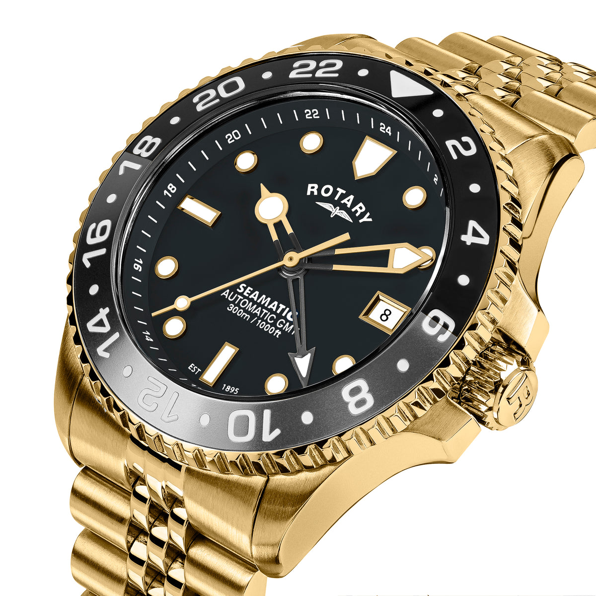 A gold-tone Rotary Sematic wristwatch with a black dial and black rotating bezel, featuring gold-tone hour markers, hands, and crown, with a date window at 3 o'clock. The brand name 'ROTARY' is visible on the dial.