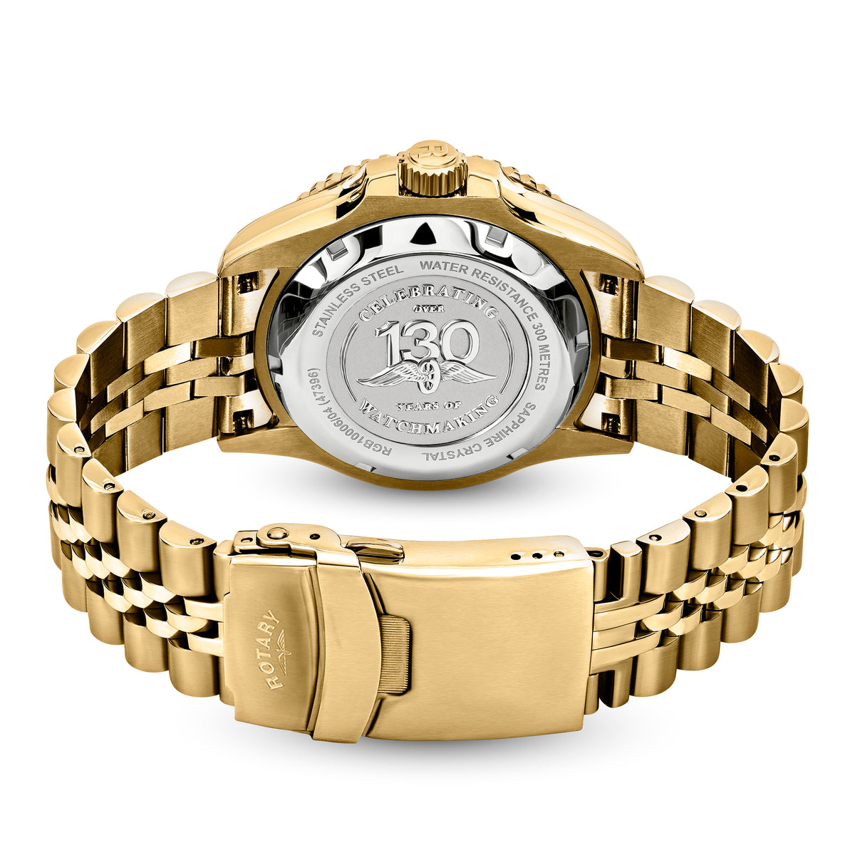 Gold-tone stainless steel Rotary watch with a link bracelet, shown from the back to reveal a polished engraved case back and clasp on a white background.