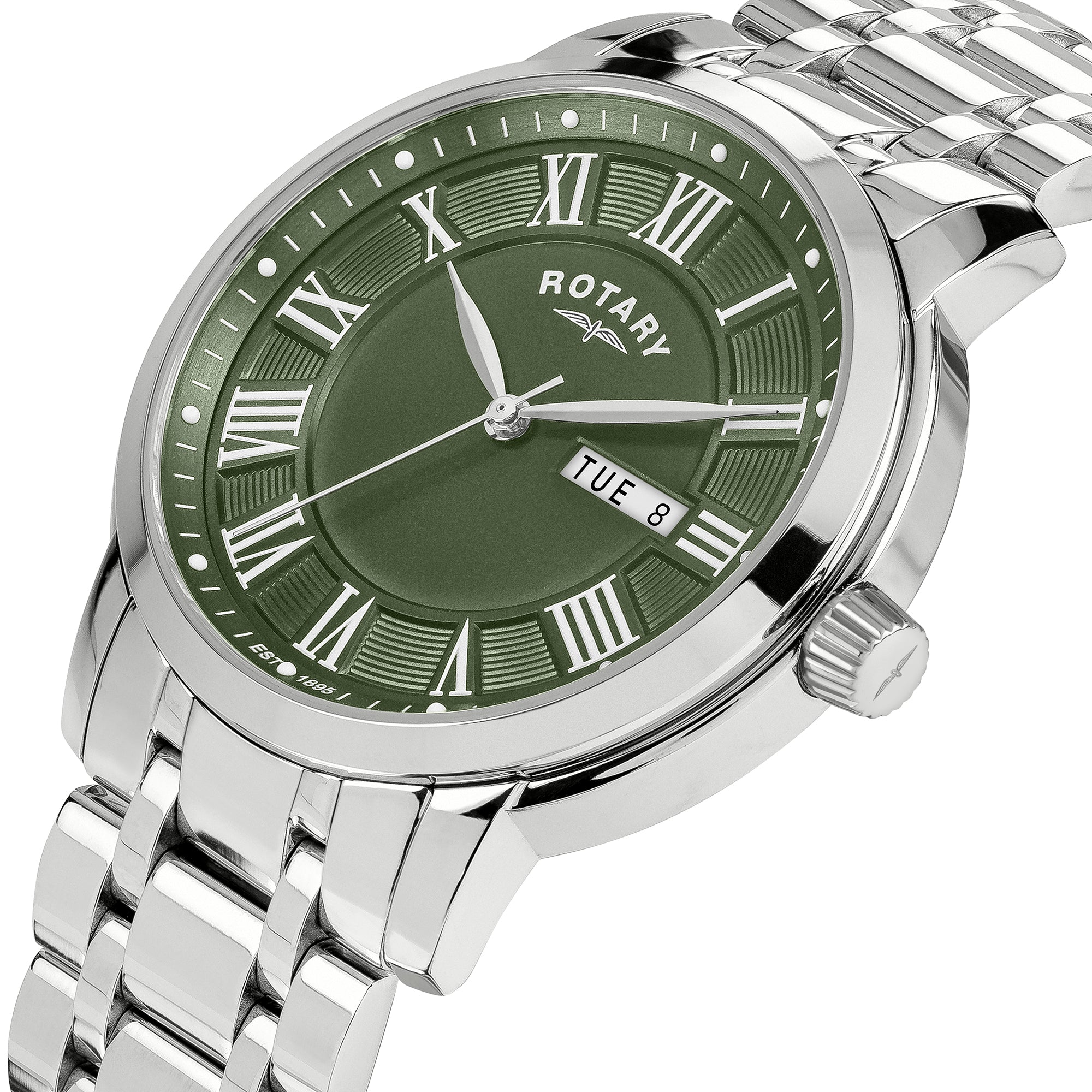 Men's Rotary watch with green dial and silver metal bracelet on a white background