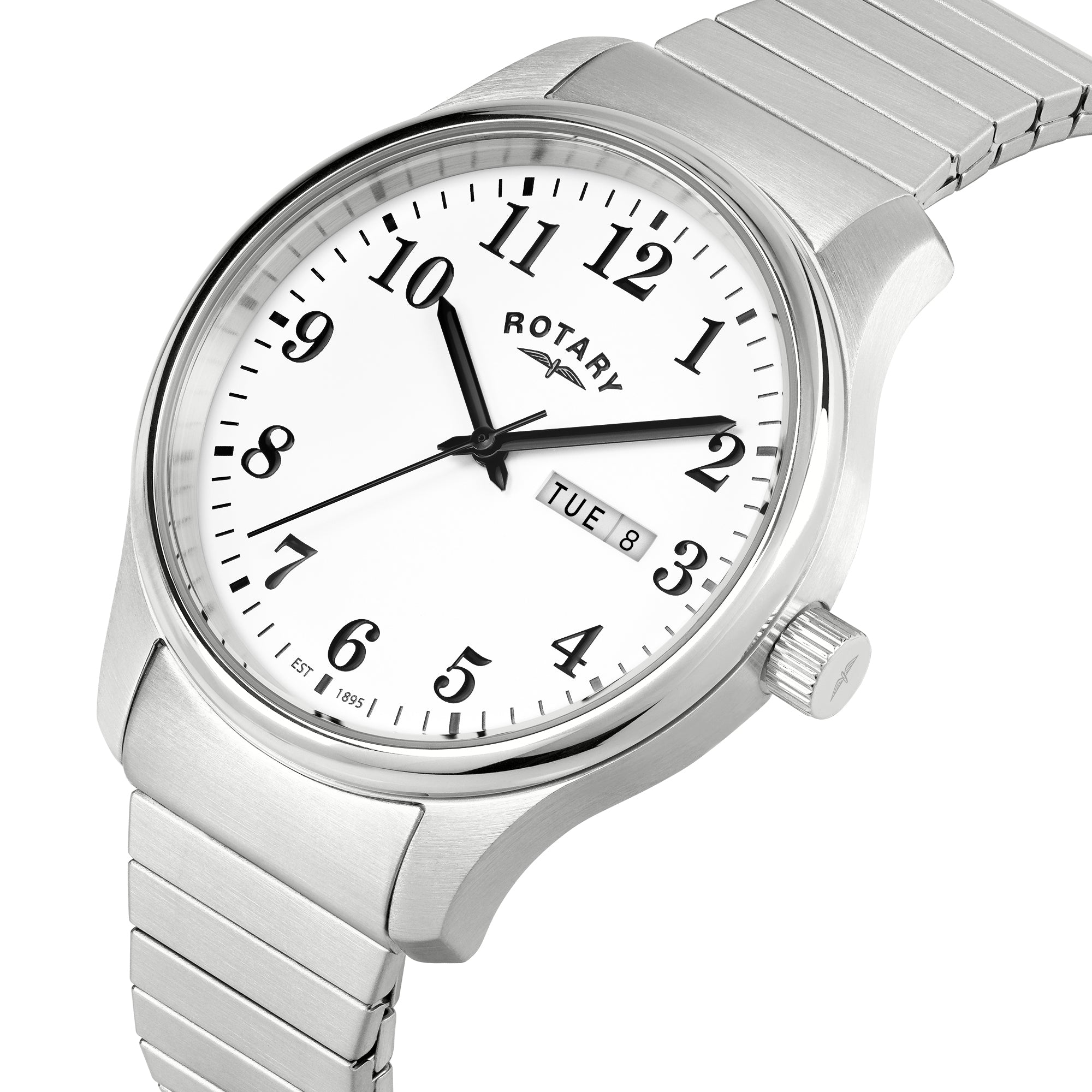Silver Rotary wristwatch with a white dial on a white background