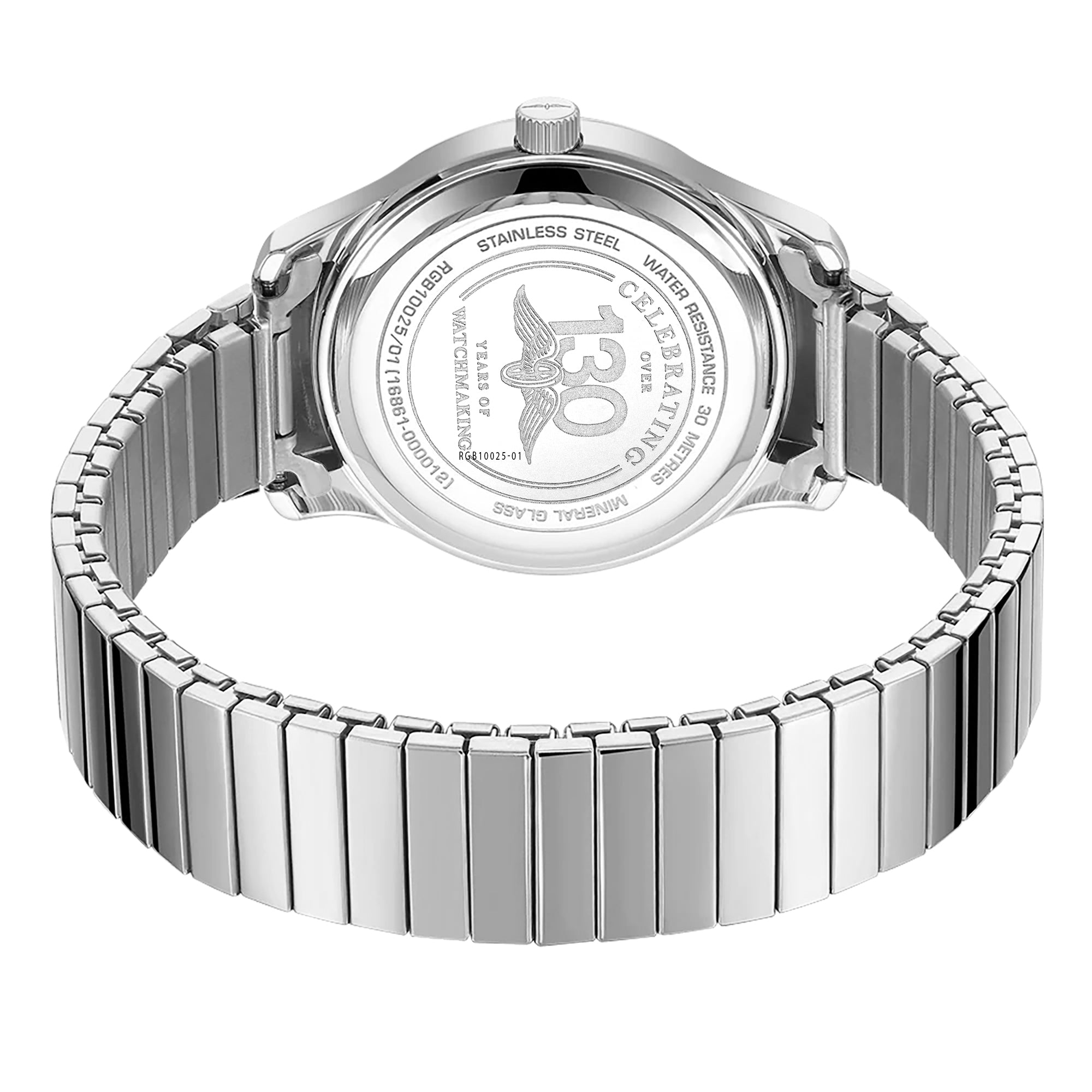 Silver Rotary watch with detailed engraving on a white background
