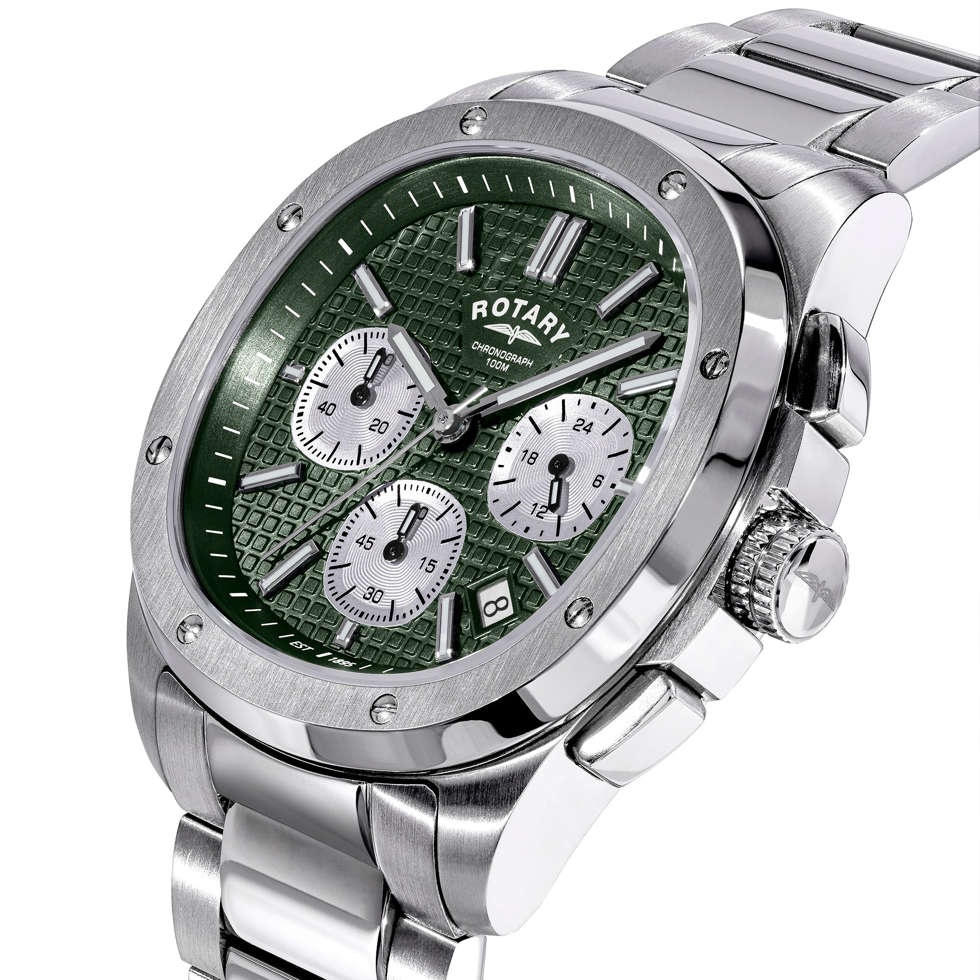 Silver Rotary Apex100 Chronograph wristwatch with green dial and visible Rotary brand on a white background