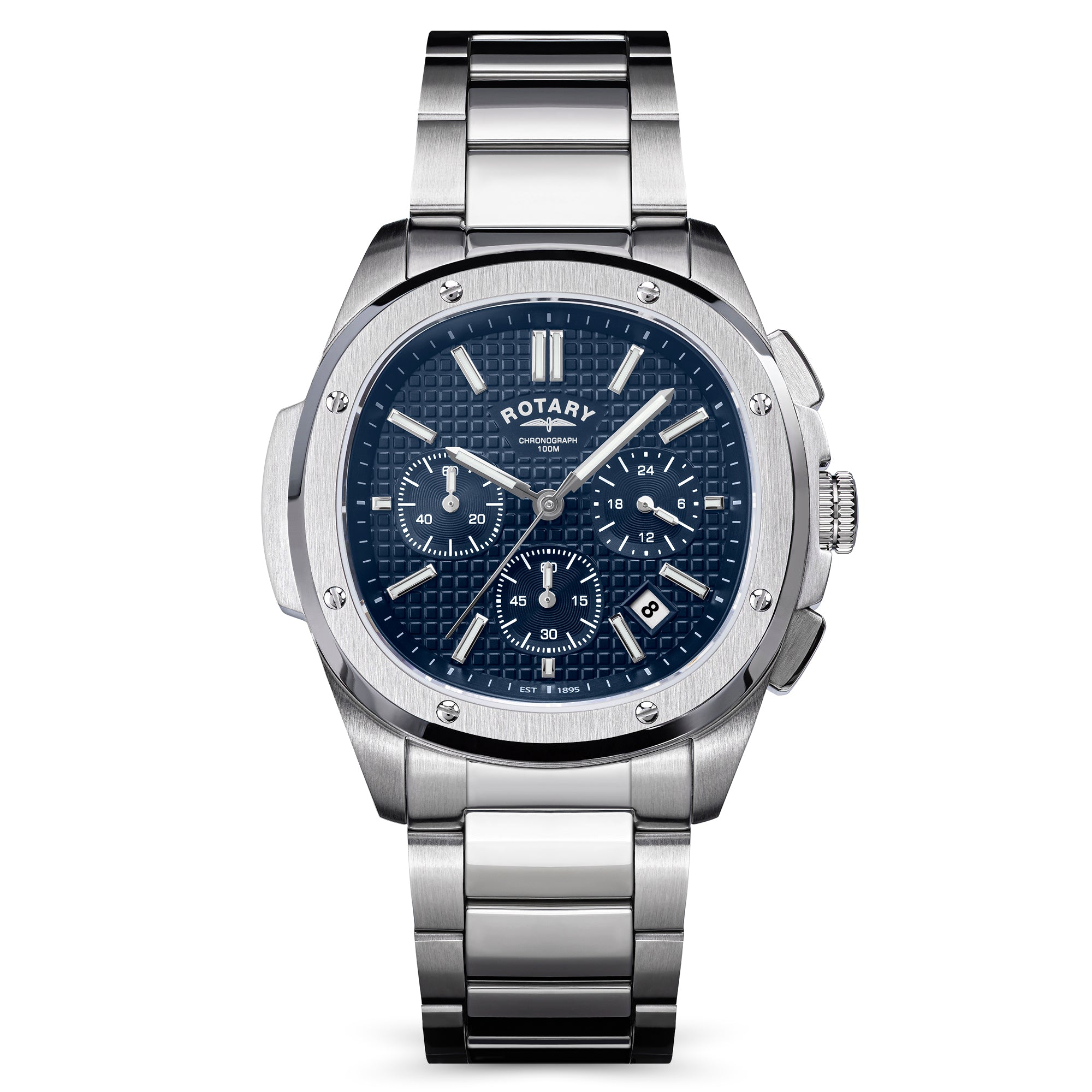 Silver Rotary Apex100 Chronograph watch with a blue dial on a white background