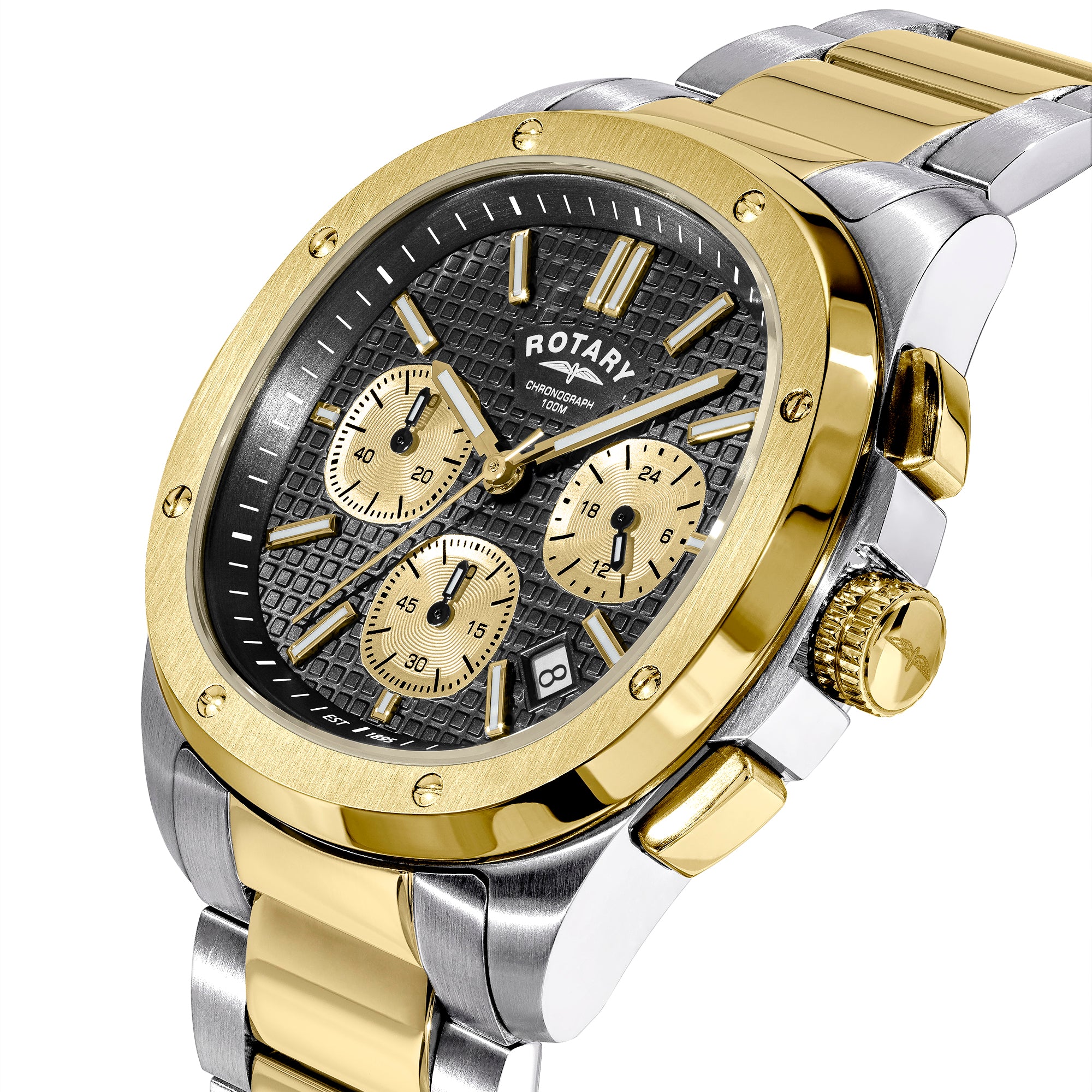 Two-tone rotary Apex100 Chronograph watch with gold and silver band on a white background