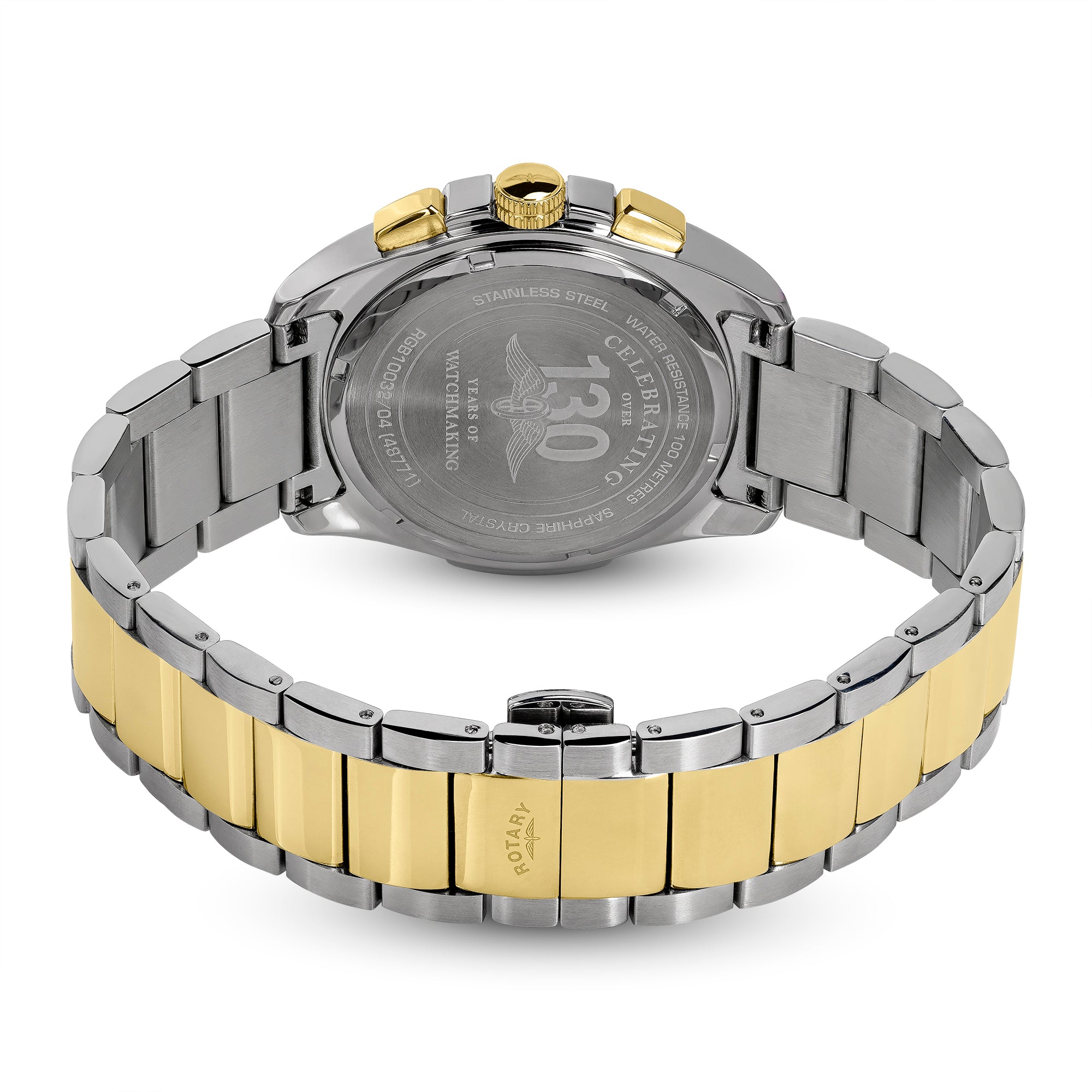 Two-tone Rotary Apex100 Chronograph watch with silver and gold band on a white background