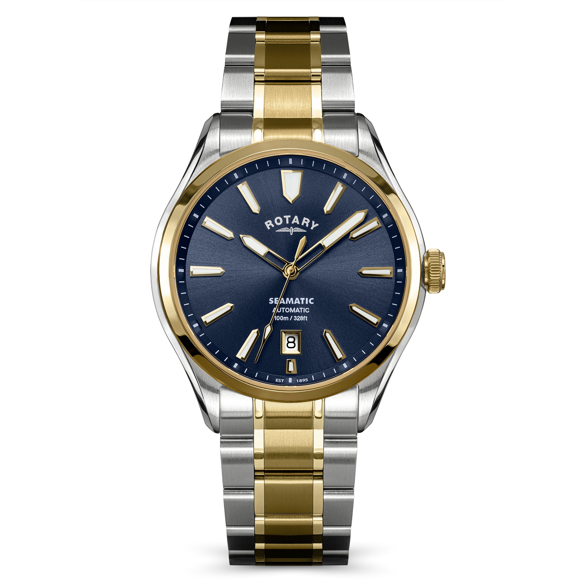 Rotary Seamatic 100 watch with two-tone silver and gold bracelet on a white background