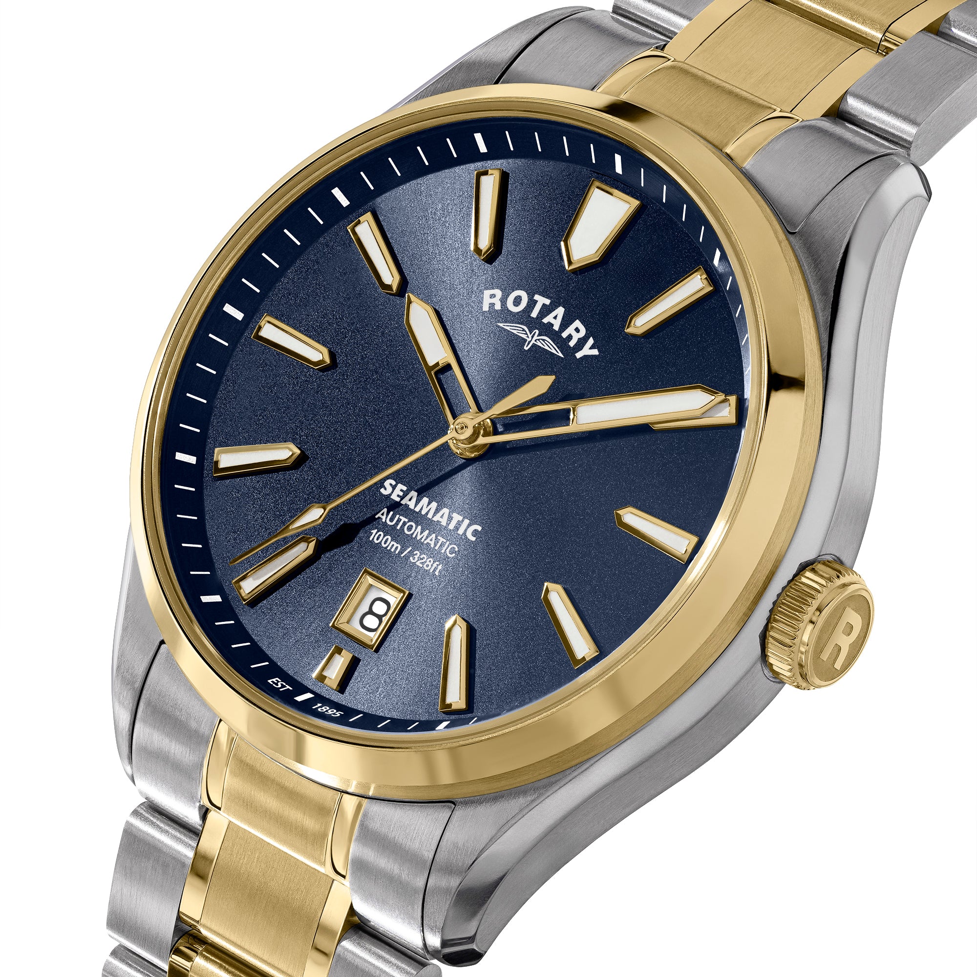 Rotary Seamatic 100 watch with blue dial, gold and silver band on white background