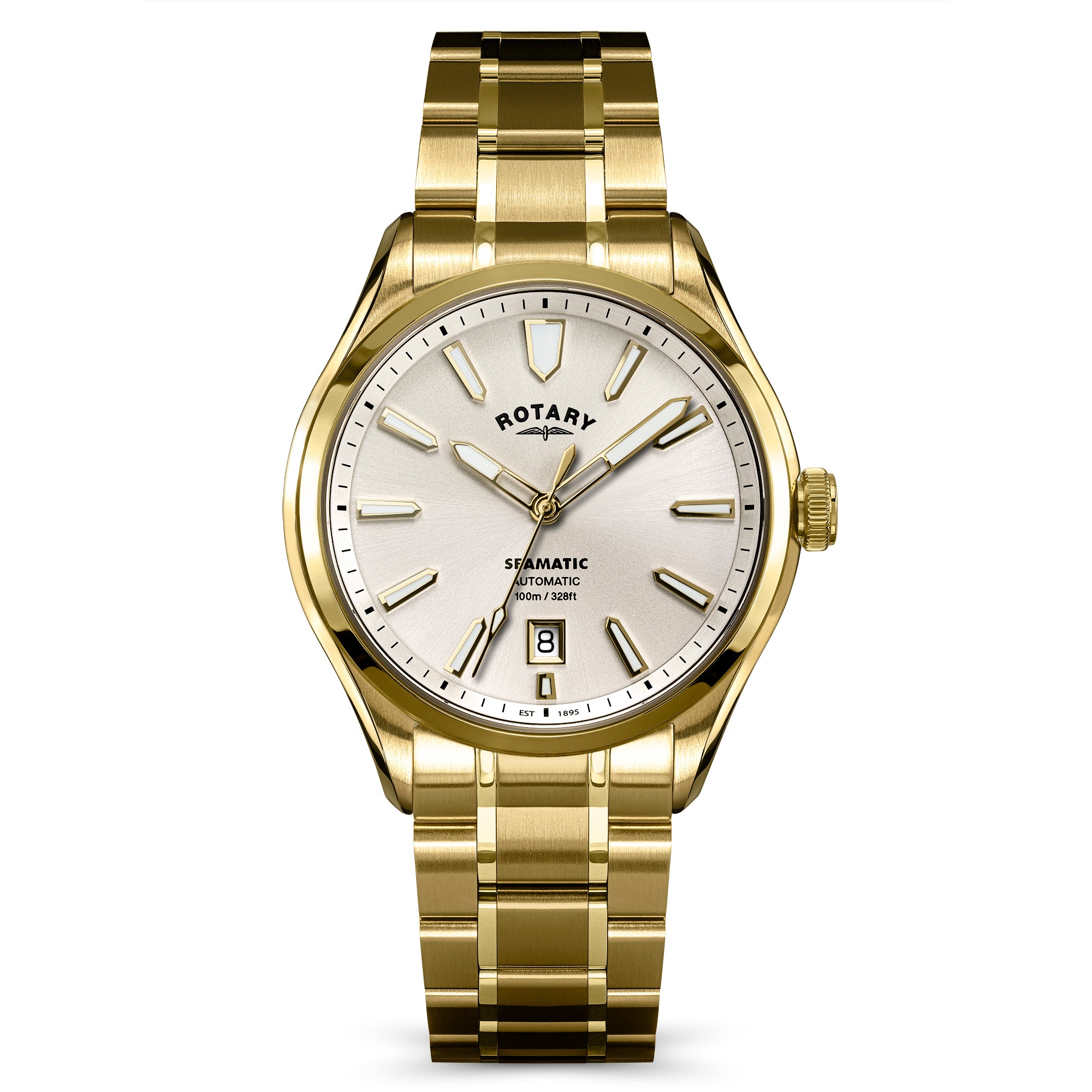 Gold Rotary Seamatic 100 watch with a white face on a white background