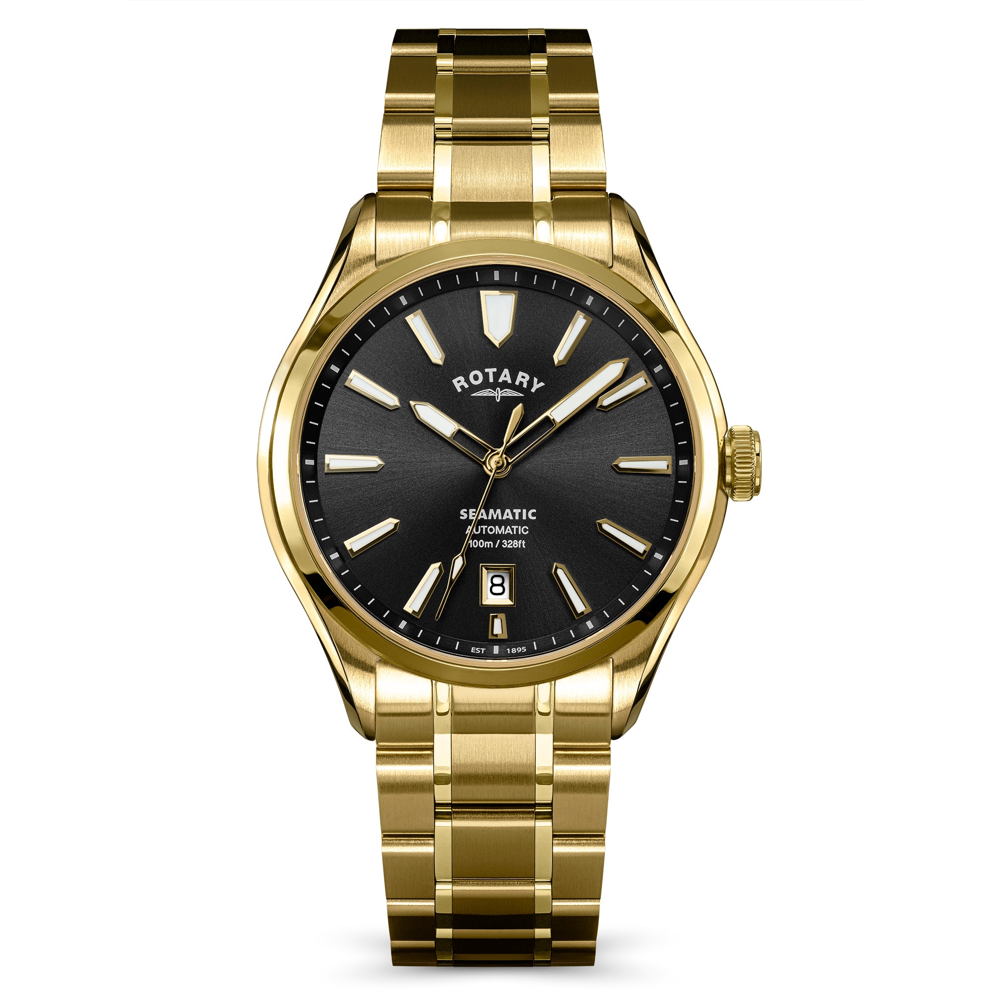 Gold Rotary Seamatic 100 automatic men's wristwatch with black dial on a white background