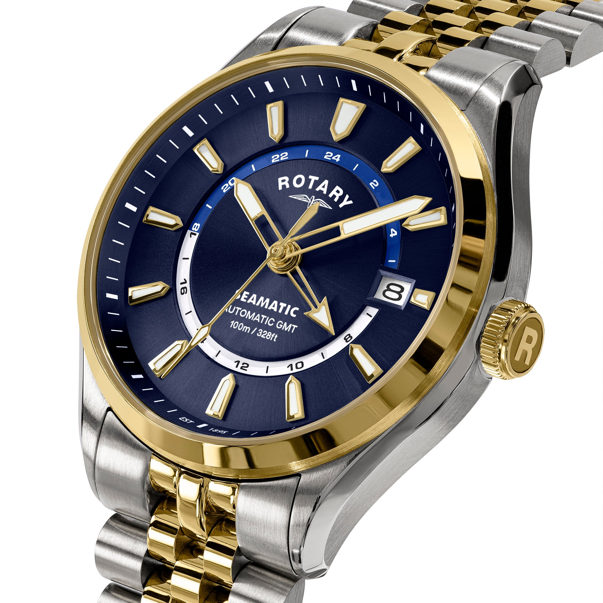 Rotary Seamatic 100 GMT watch with blue face, gold and silver band on white background