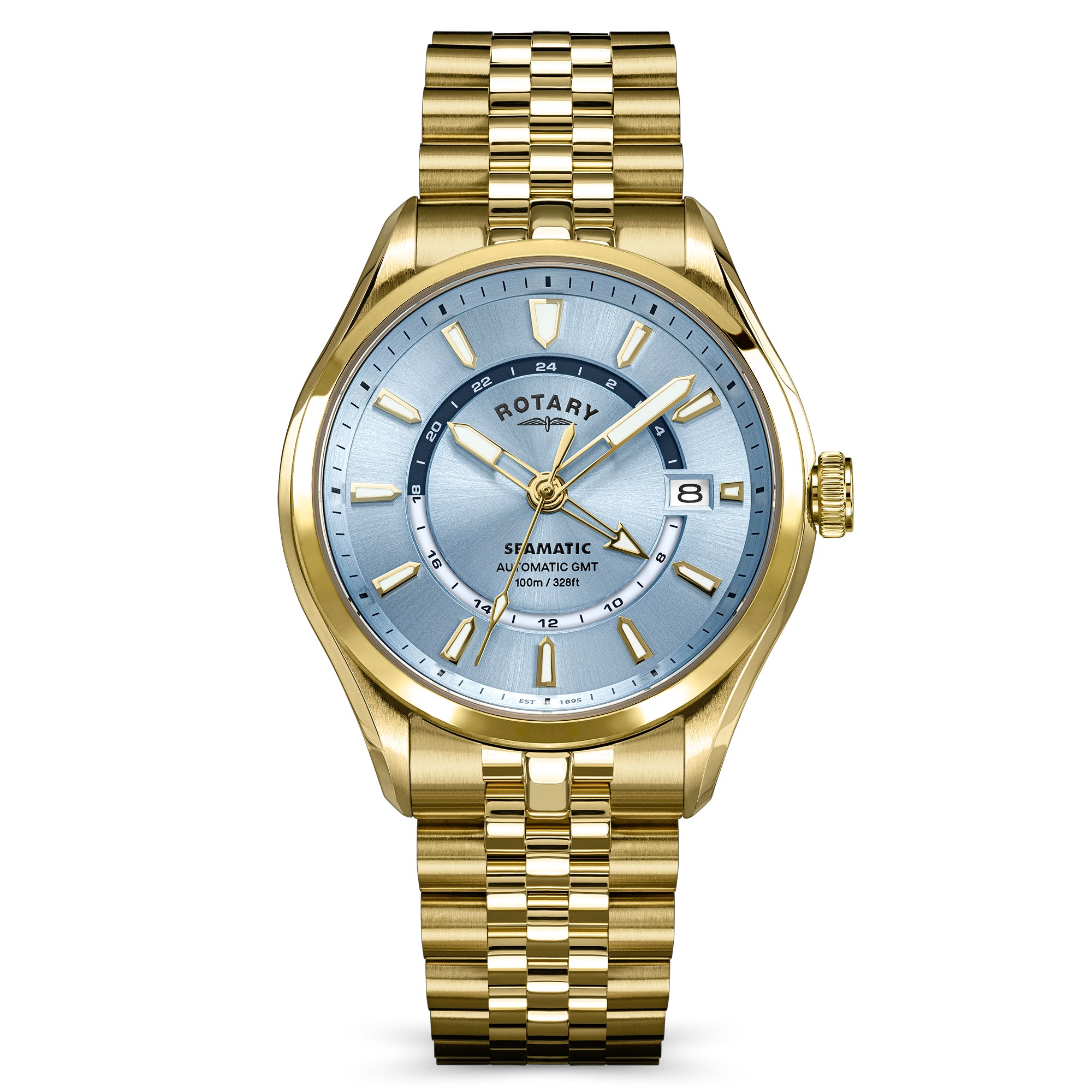 Gold Rotary Seamatic 100 GMT automatic men's wristwatch with a blue face on a white background