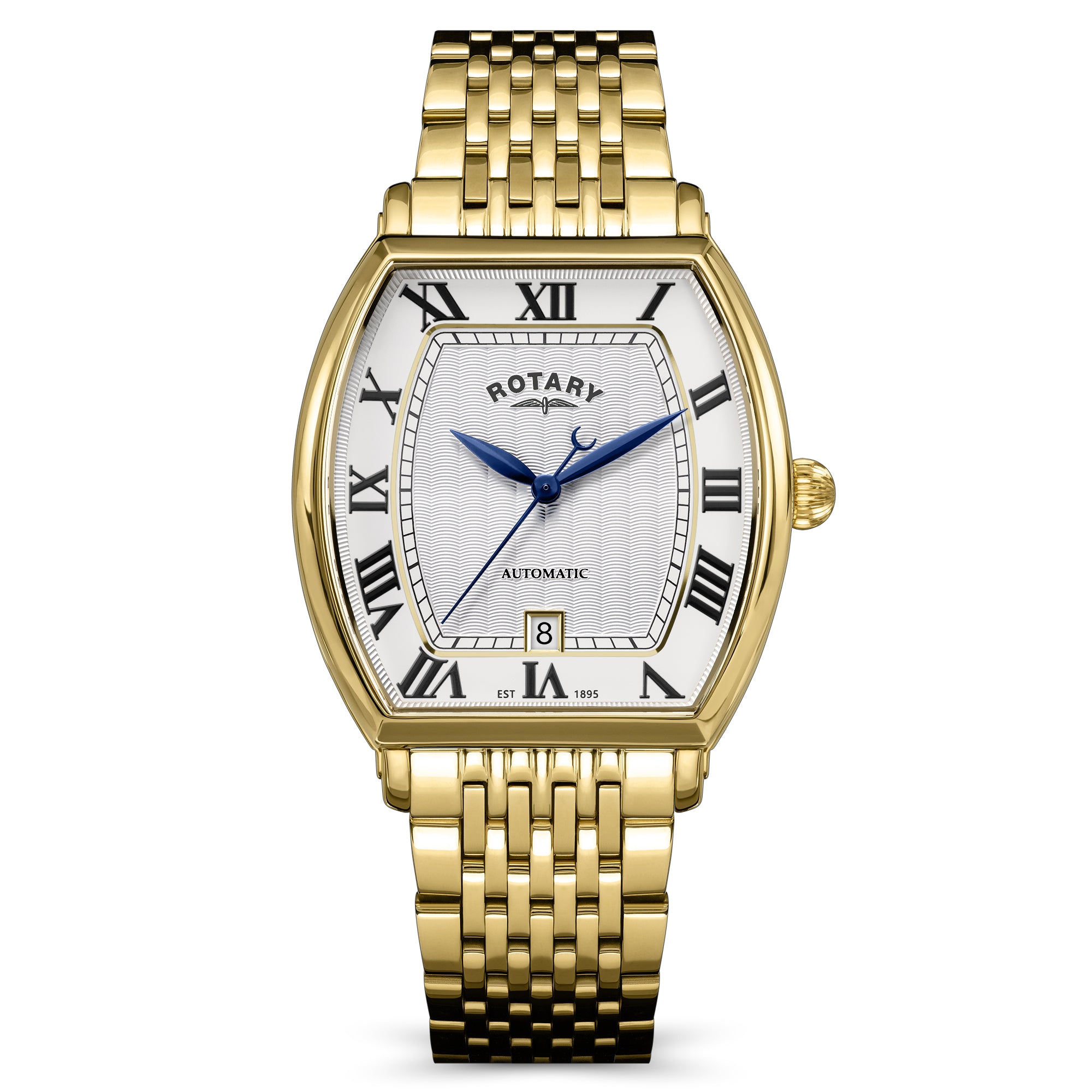 Gold  rotary 1895 Tonneau automatic  wristwatch with white face and Roman numerals on a white background