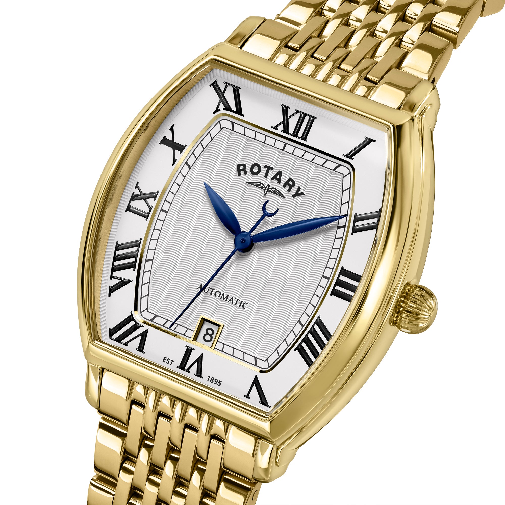 Gold  rotary 1895 Tonneau automatic  wristwatch with white face and blue hands on a white background