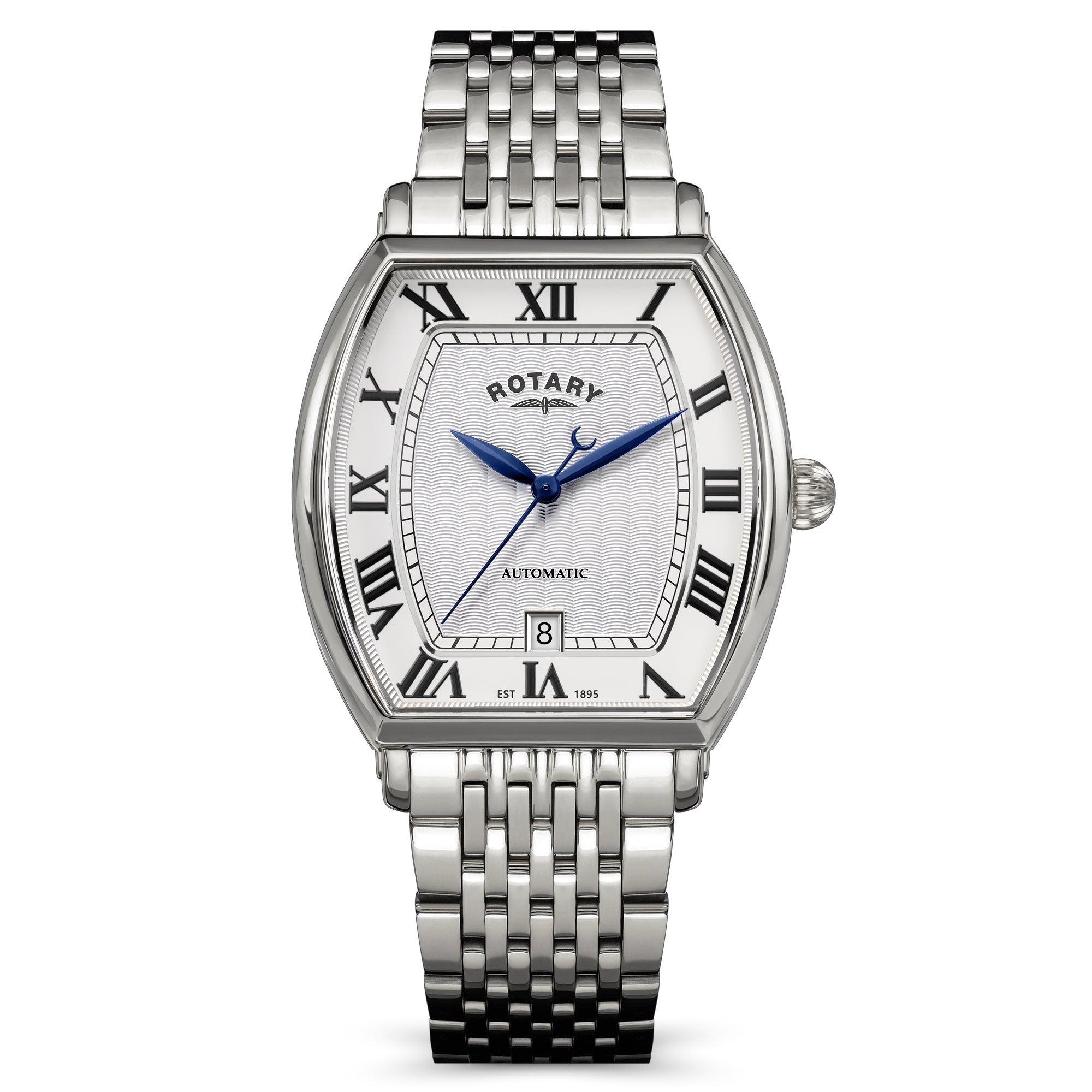 Silver rotary 1895 Tonneau automatic watch with white face and Roman numerals on a white background