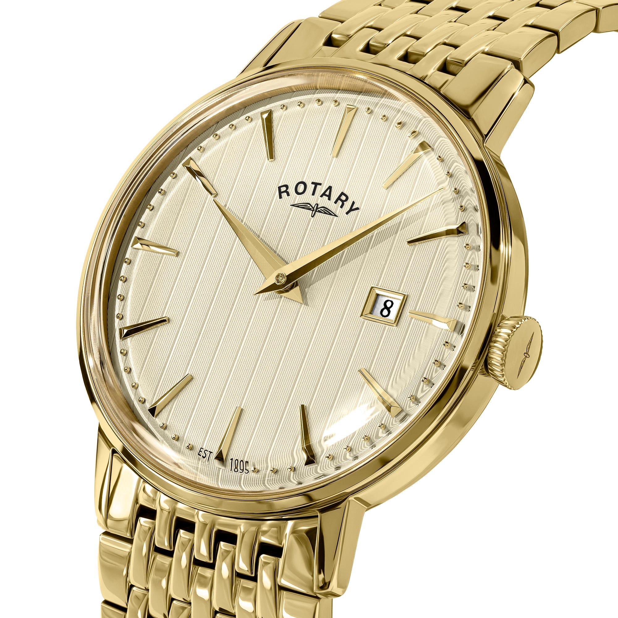 Gold Rotary 1895 watch with a white face on a white background